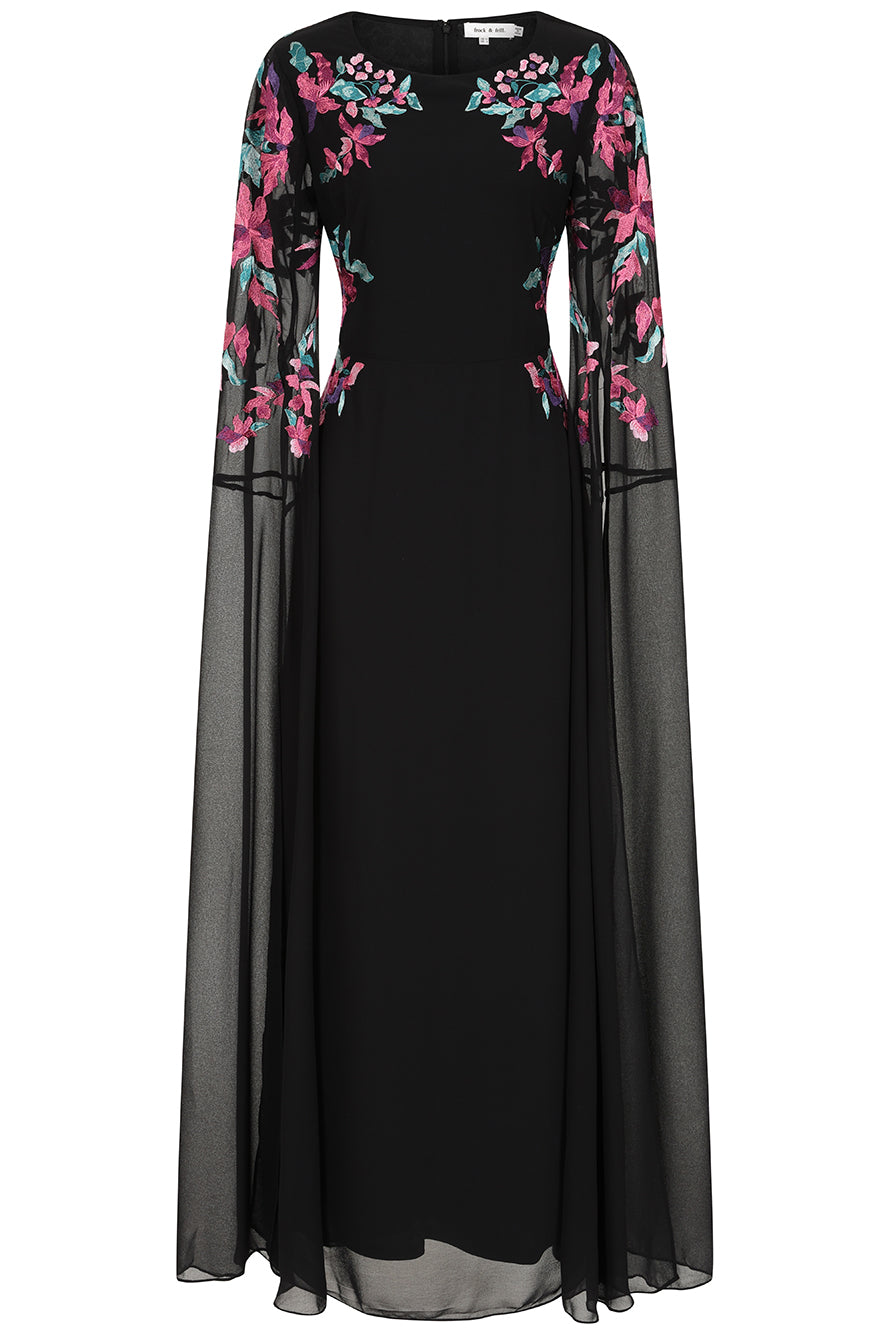 Hestia Black Embroidered Cape Sleeve Maxi Dress