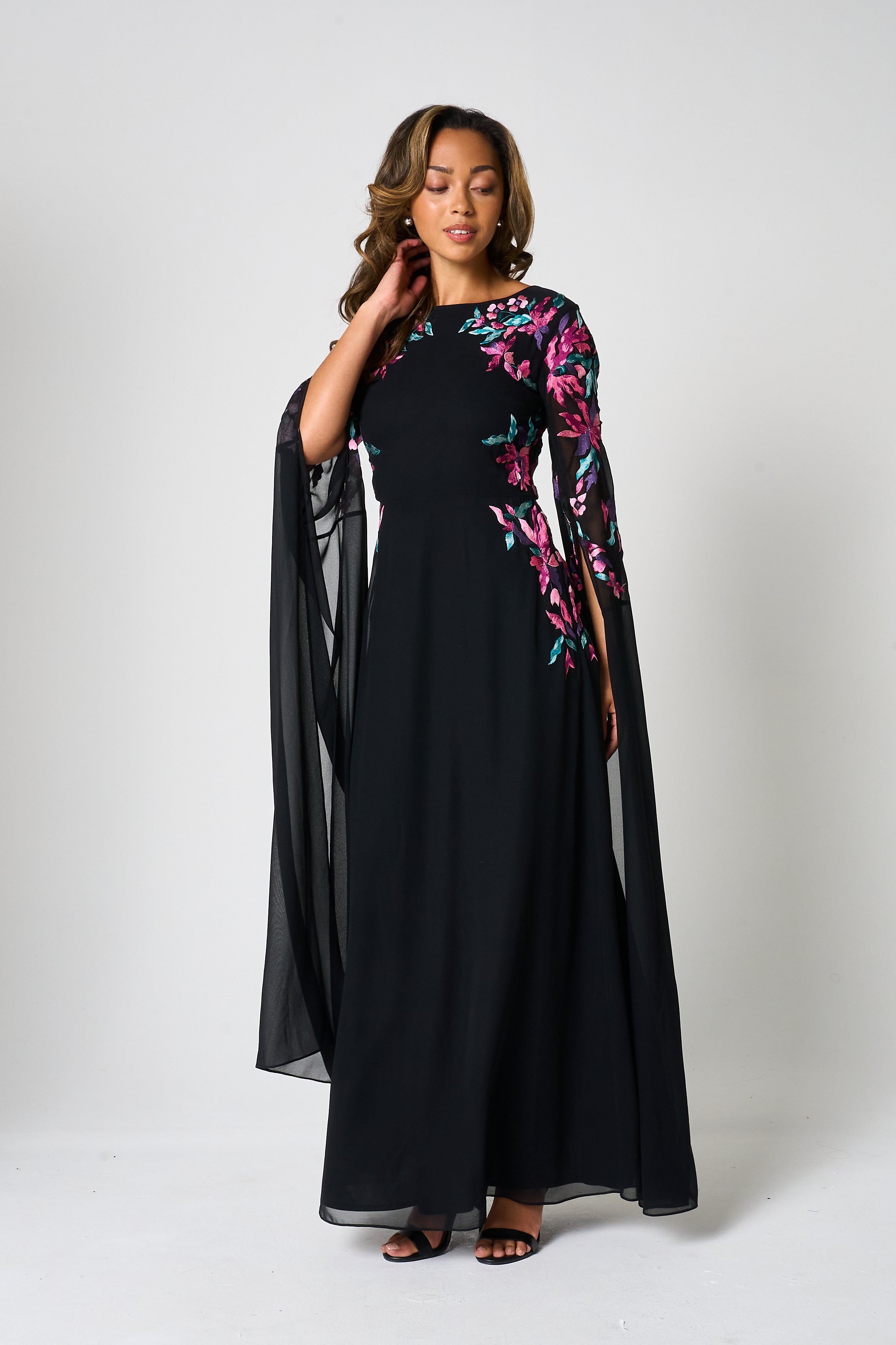 Hestia Black Embroidered Cape Sleeve Maxi Dress