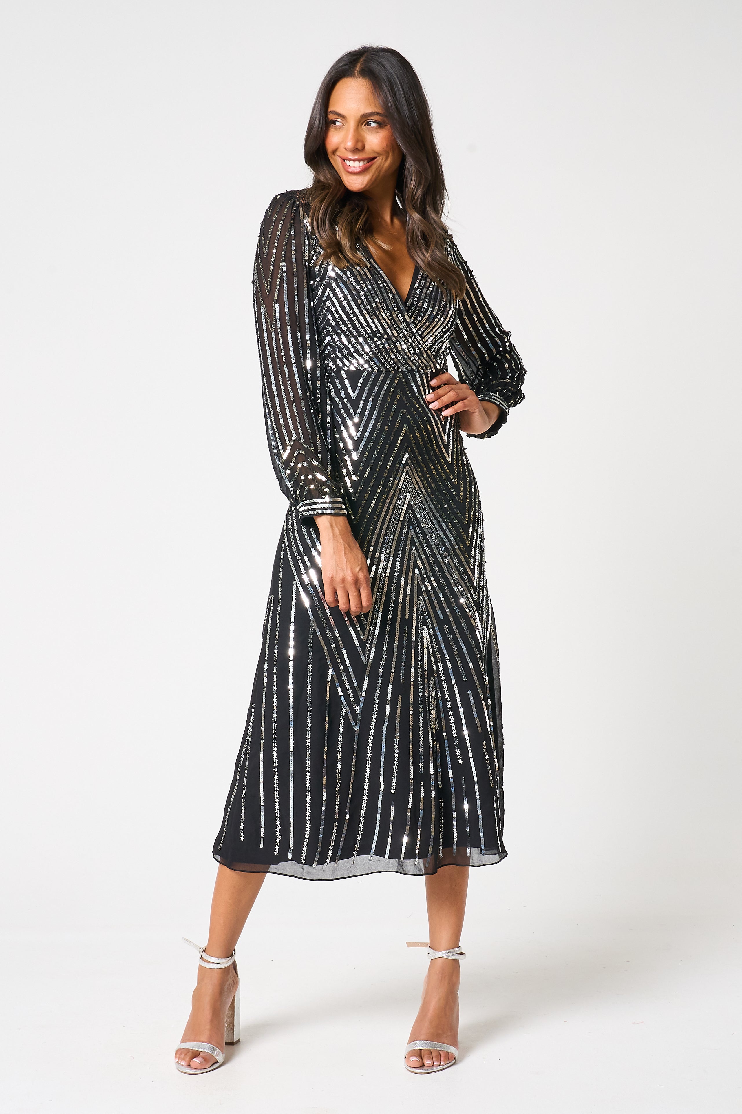 Hilda Black Sequin Midi Dress