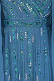 Ida Blue Embellished Maxi Dress with Cape Sleeves