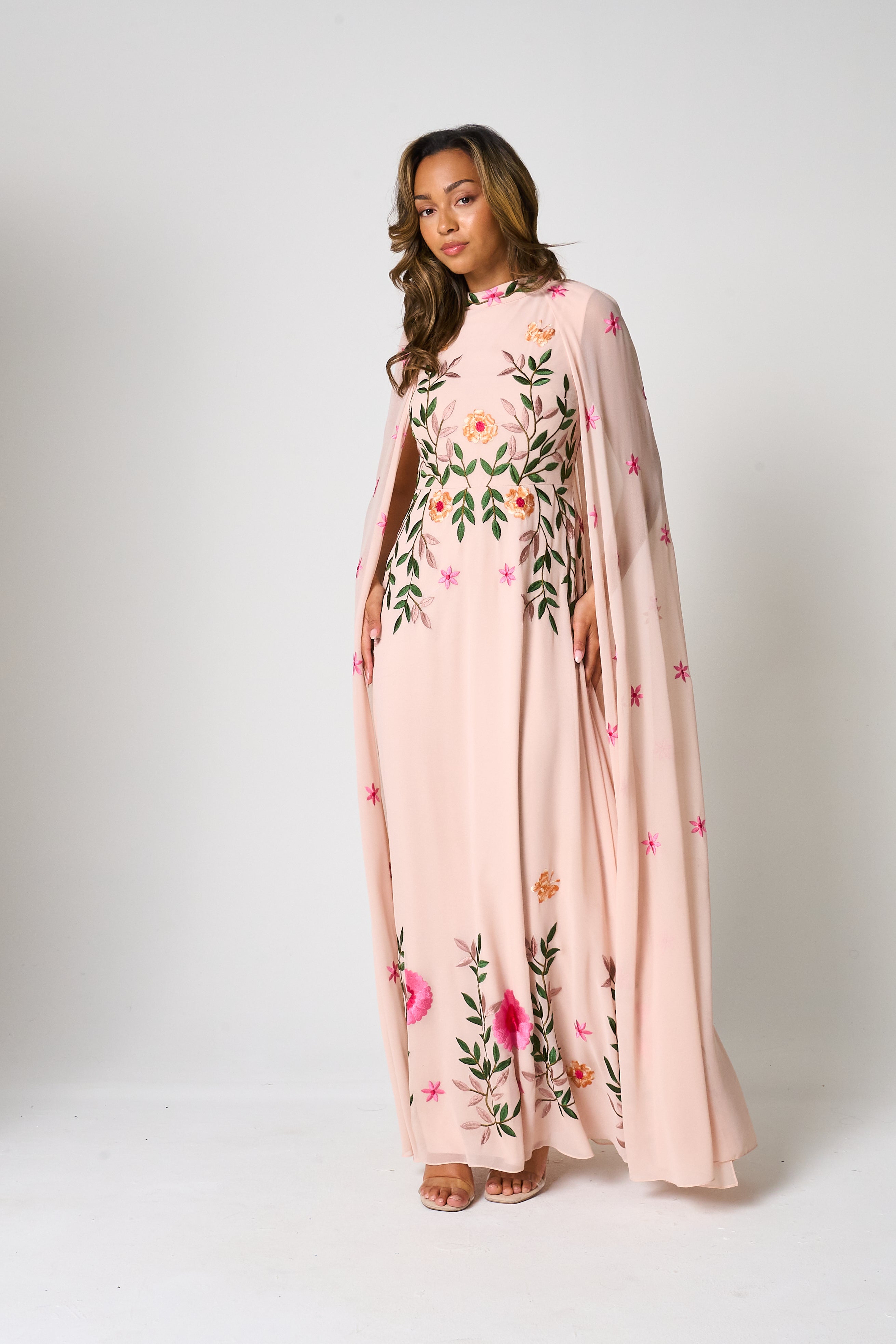 Ingrid Blush Floral Embroidered Cape Sleeve Maxi Dress