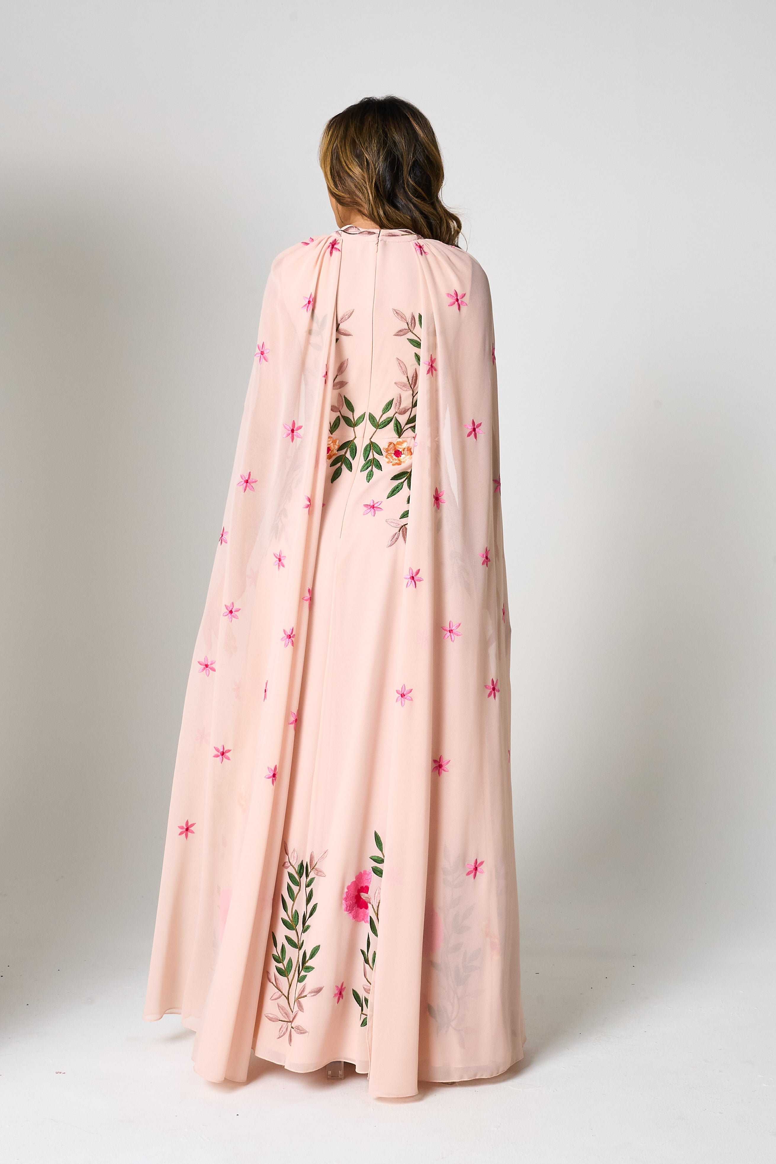 Ingrid Blush Floral Embroidered Cape Sleeve Maxi Dress