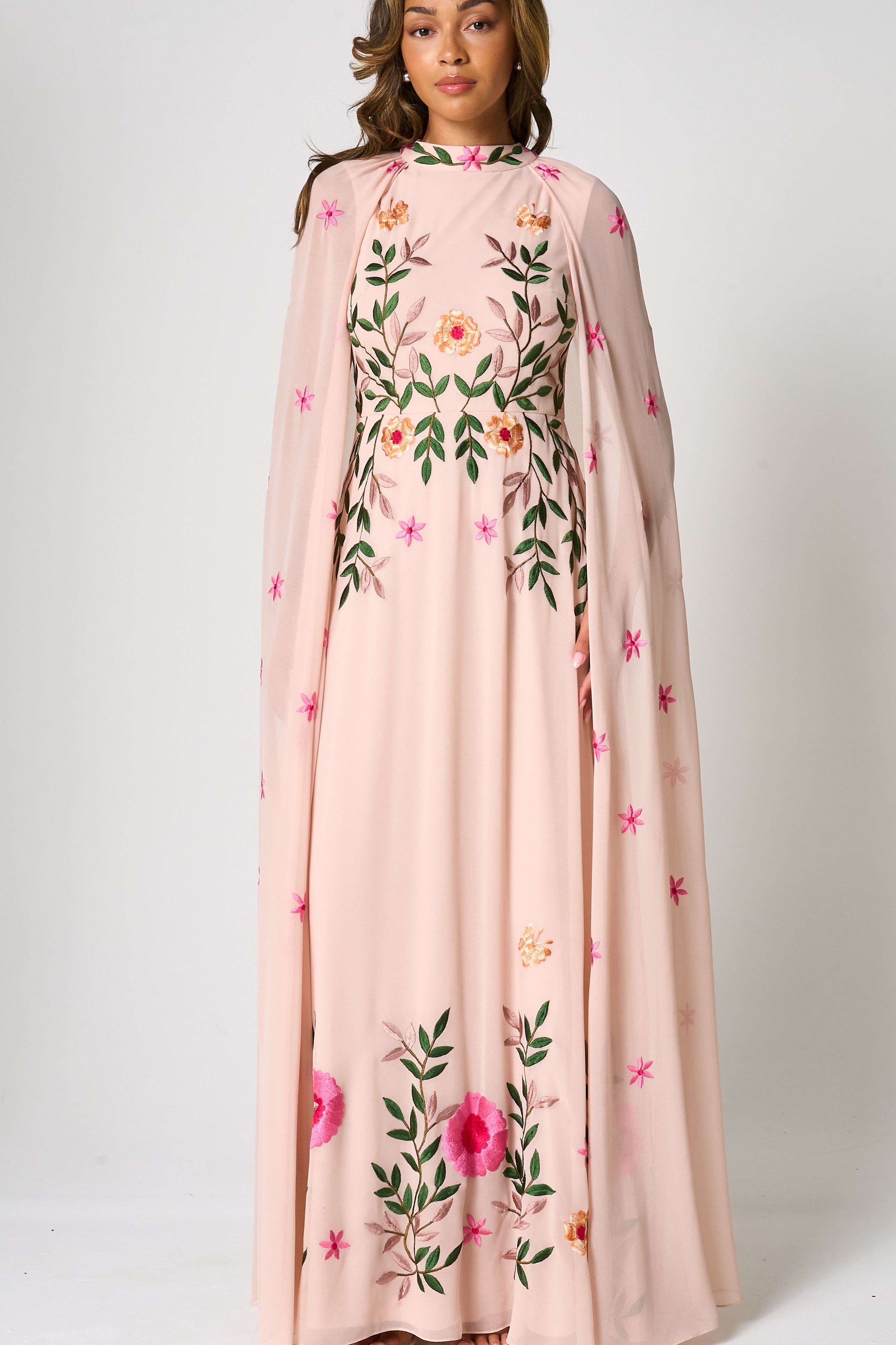 Ingrid Blush Floral Embroidered Cape Sleeve Maxi Dress