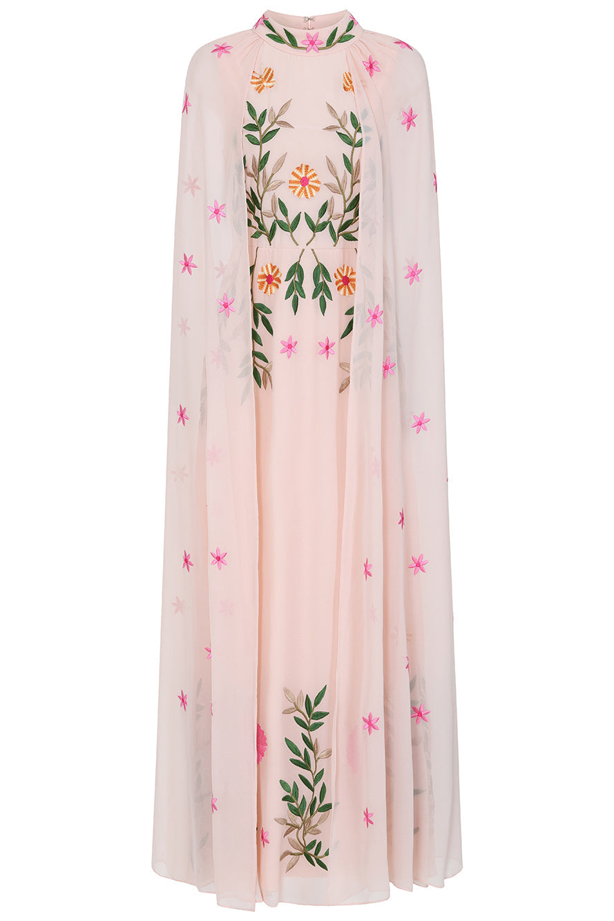 Ingrid Blush Floral Embroidered Cape Sleeve Maxi Dress