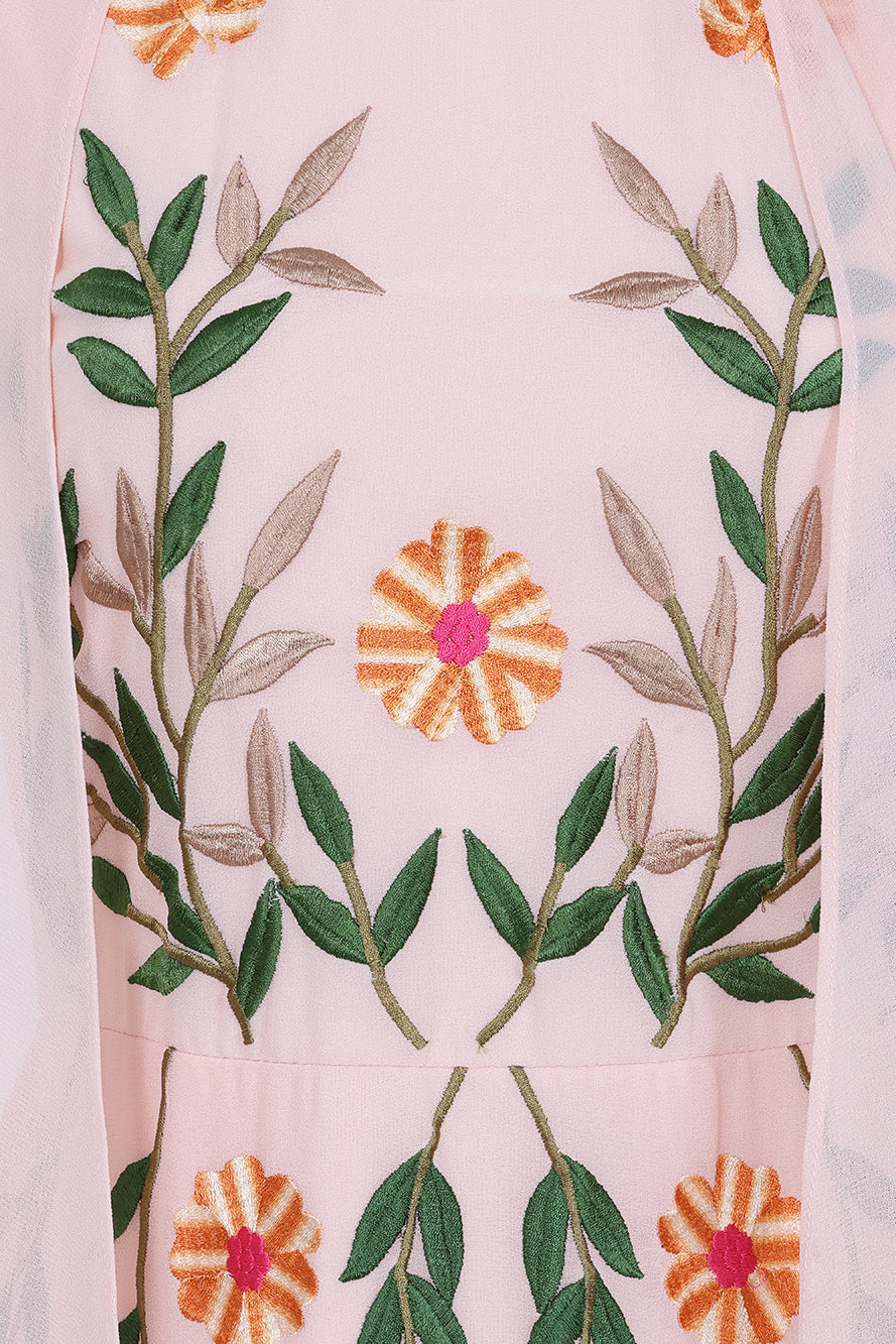 Ingrid Blush Floral Embroidered Cape Sleeve Maxi Dress