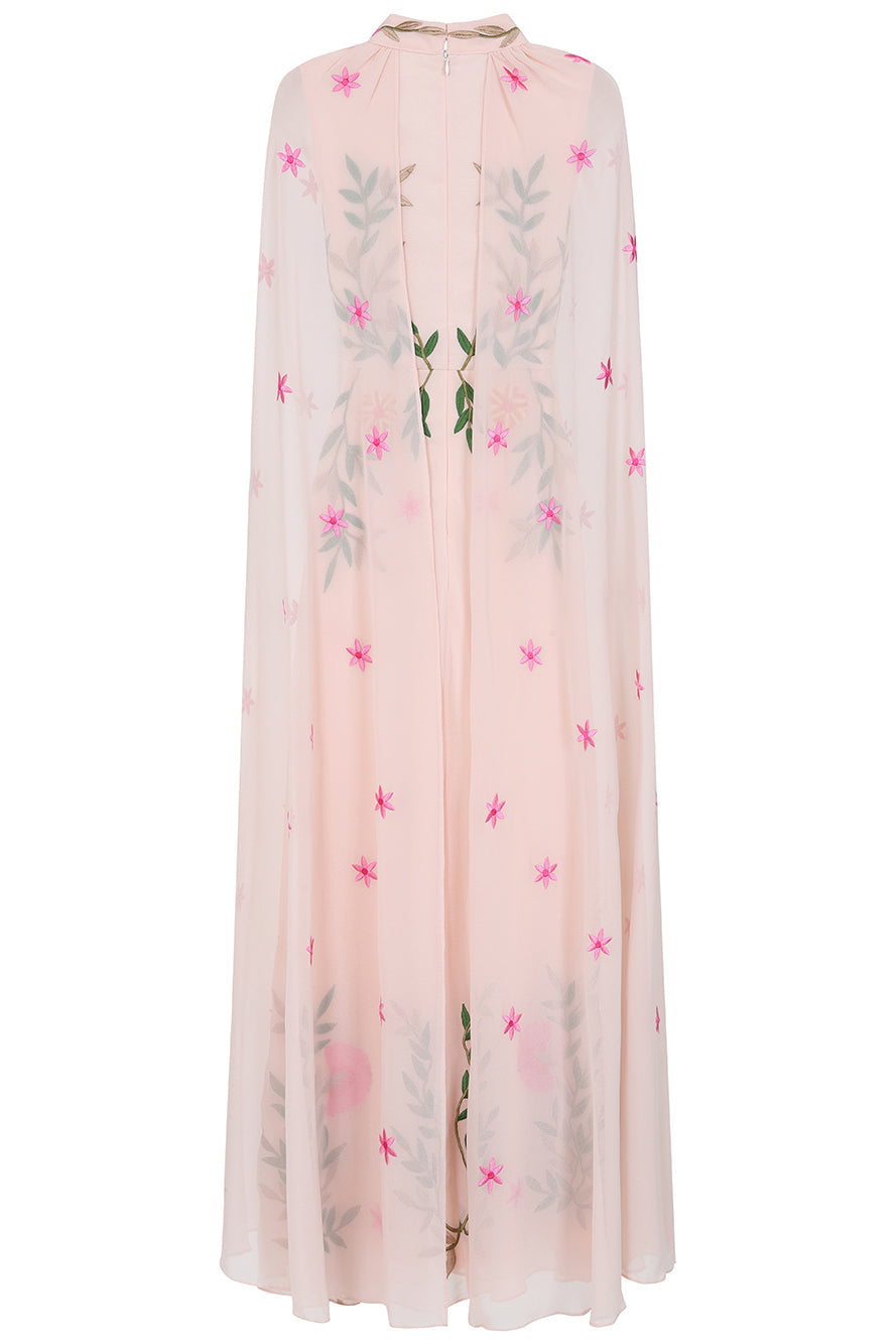 Ingrid Blush Floral Embroidered Cape Sleeve Maxi Dress