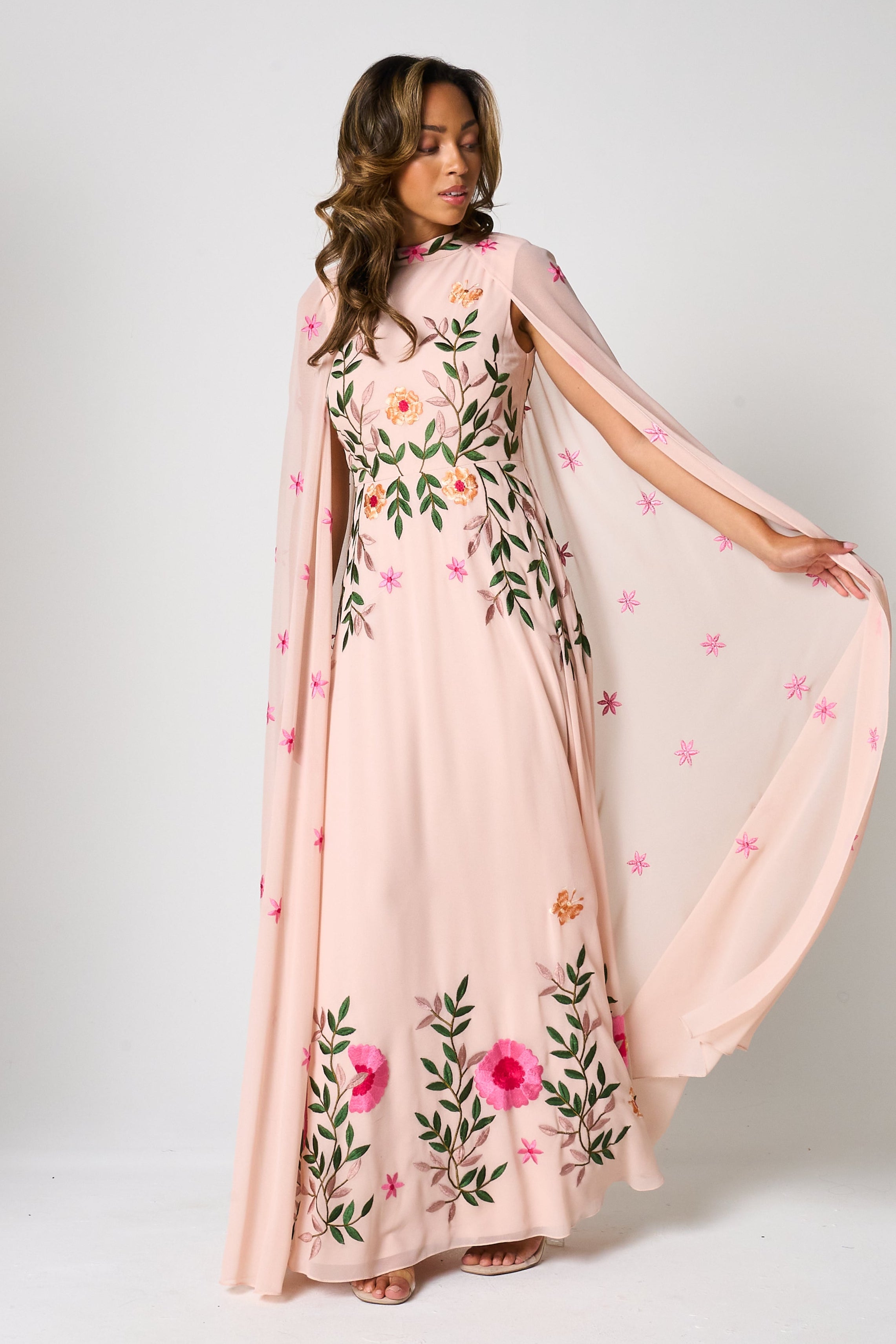 Ingrid Blush Floral Embroidered Cape Sleeve Maxi Dress