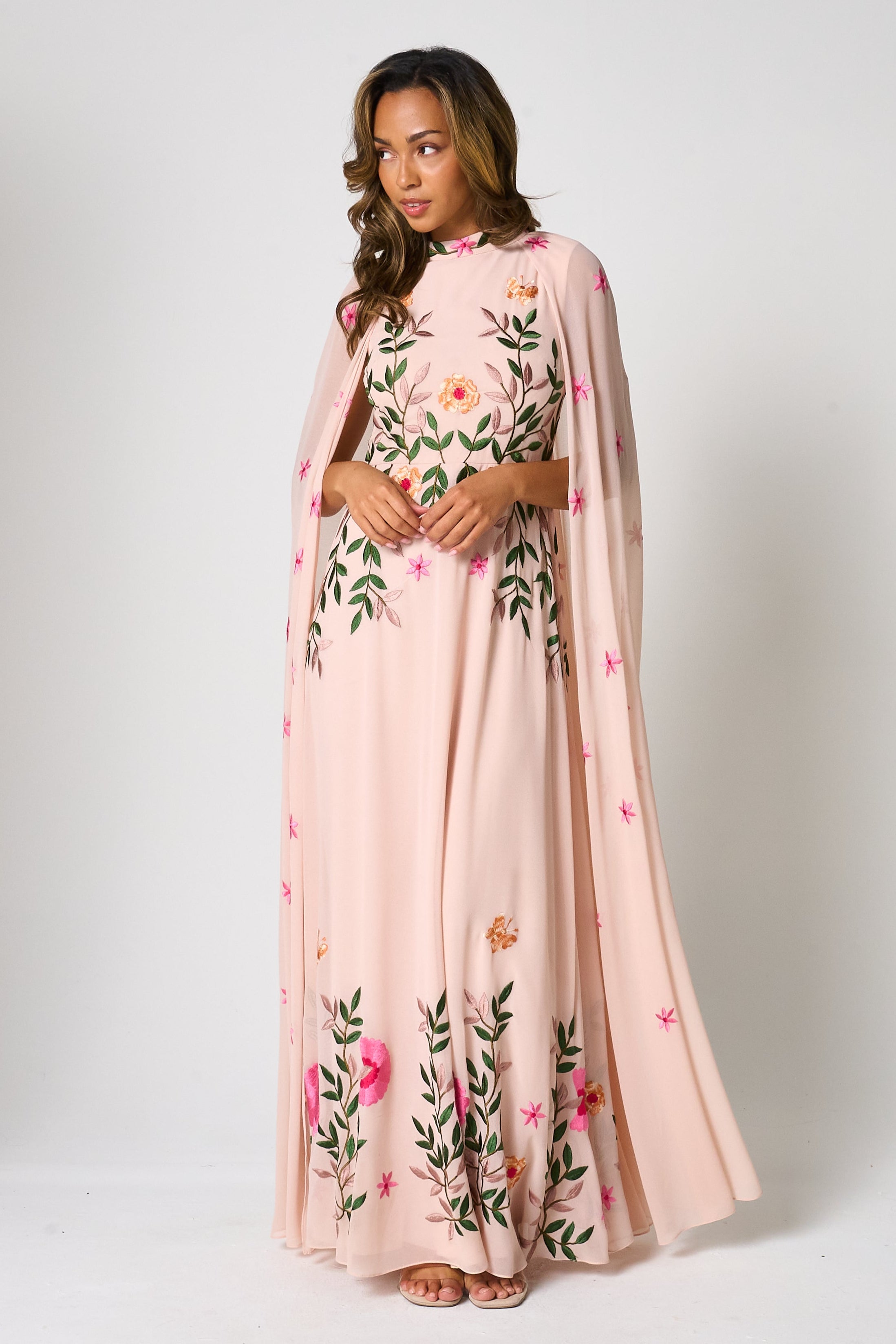 Ingrid Blush Floral Embroidered Cape Sleeve Maxi Dress