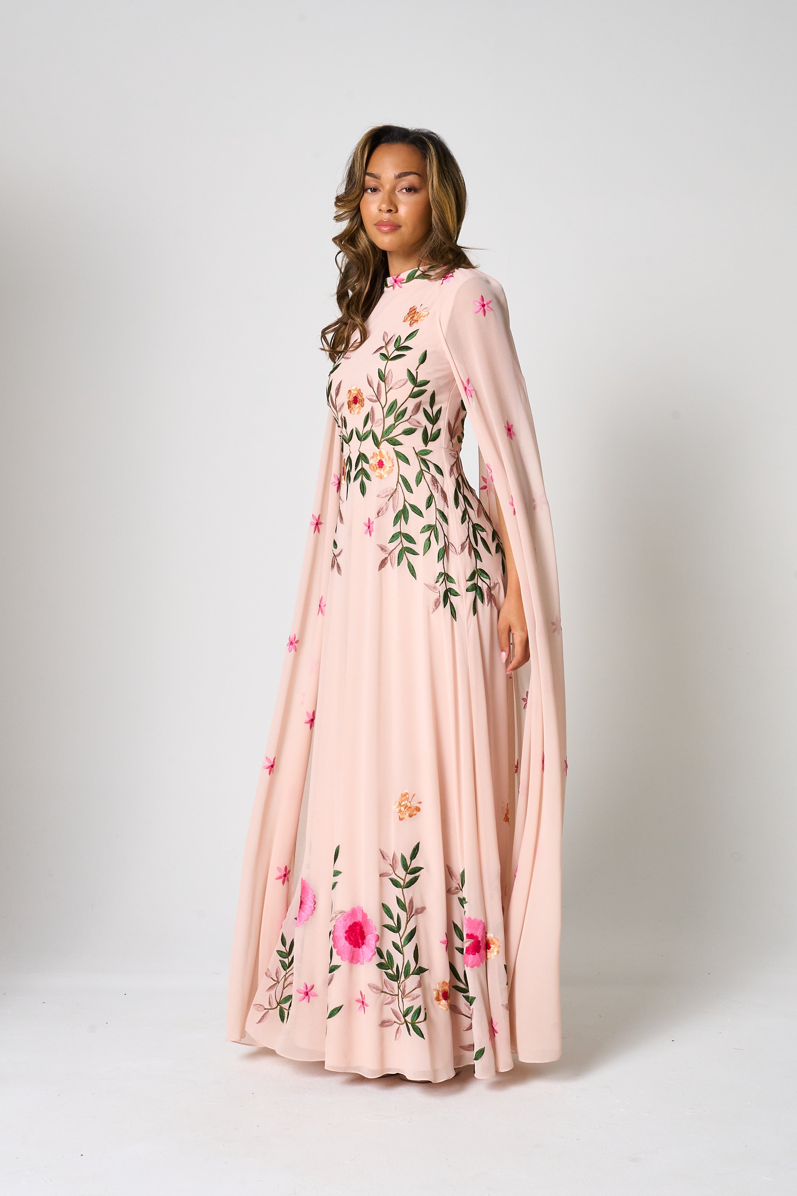 Ingrid Blush Floral Embroidered Cape Sleeve Maxi Dress