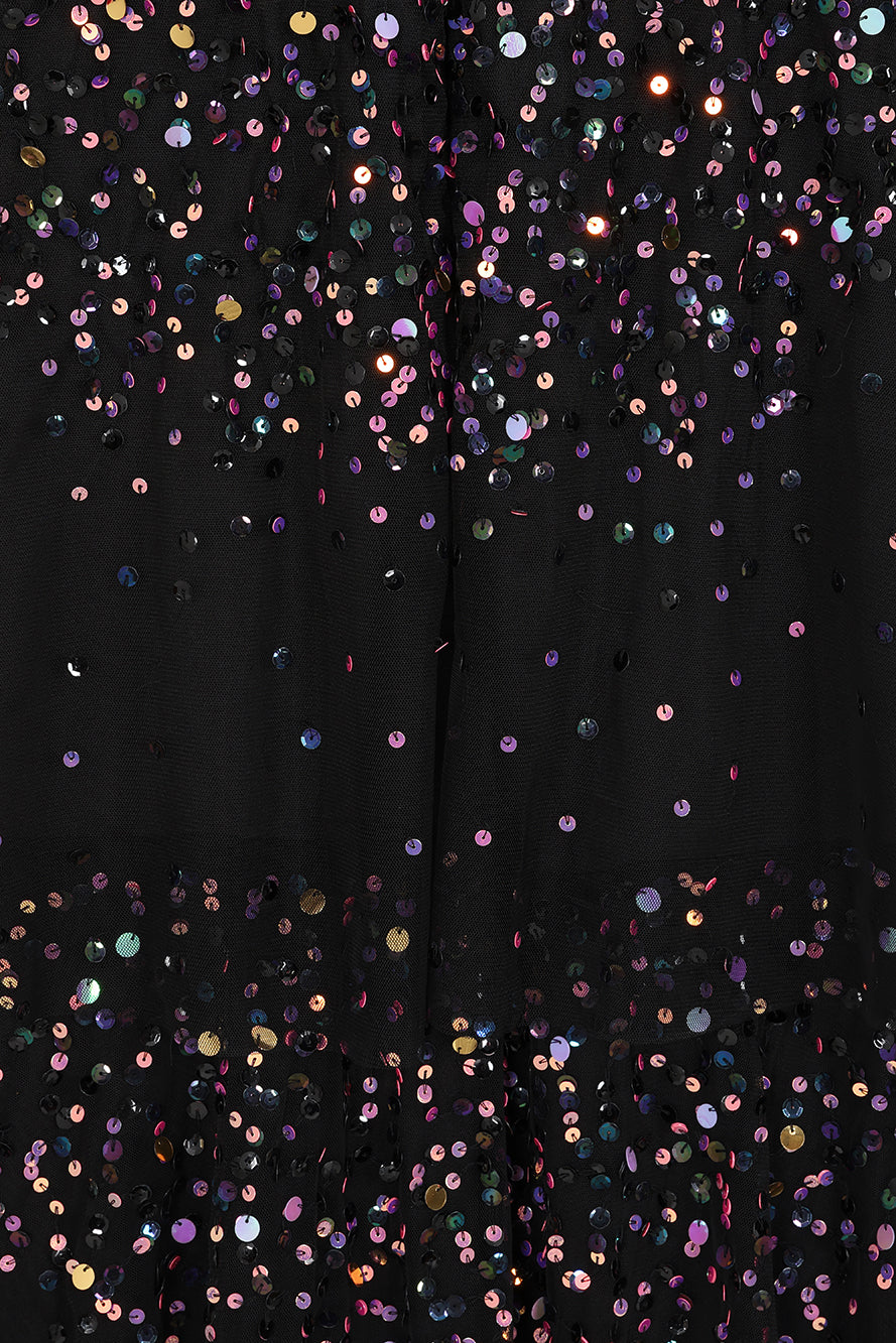 Iris black iridescent sequin maxi dress with V neckline, sheer sleeves and tiered skirt designed for elegant evening and occasion wear styling