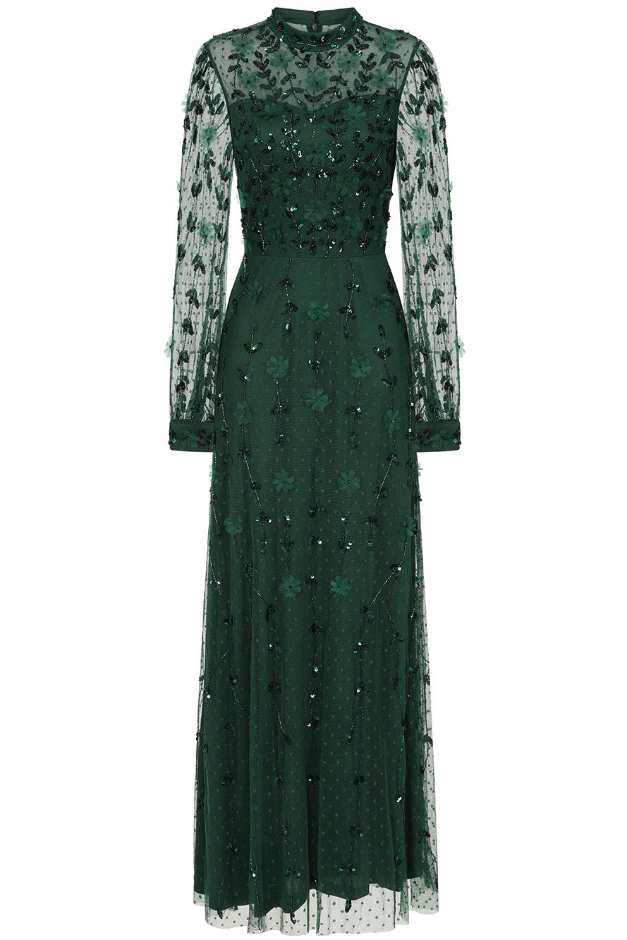 Isadora rainforest green embellished maxi dress with appliqué florals and sheer long sleeves