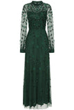 Isadora rainforest green embellished maxi dress with appliqué florals and sheer long sleeves