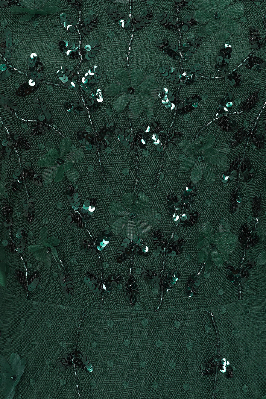 Isadora rainforest green embellished maxi dress with appliqué florals and sheer long sleeves