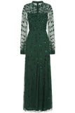 Isadora rainforest green embellished maxi dress with appliqué florals and sheer long sleeves