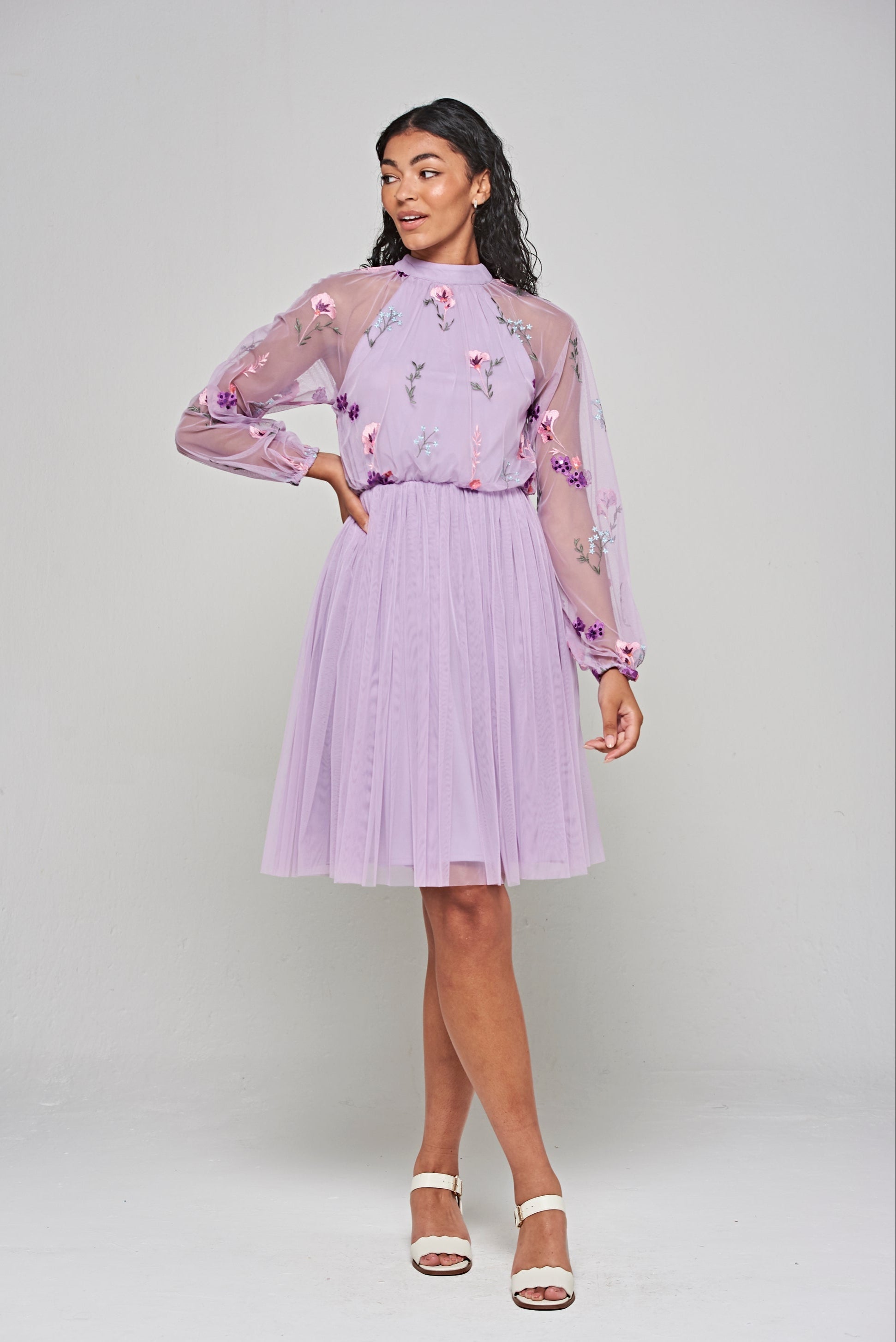 Jacinta Lilac Floral Embroidered Skater Dress