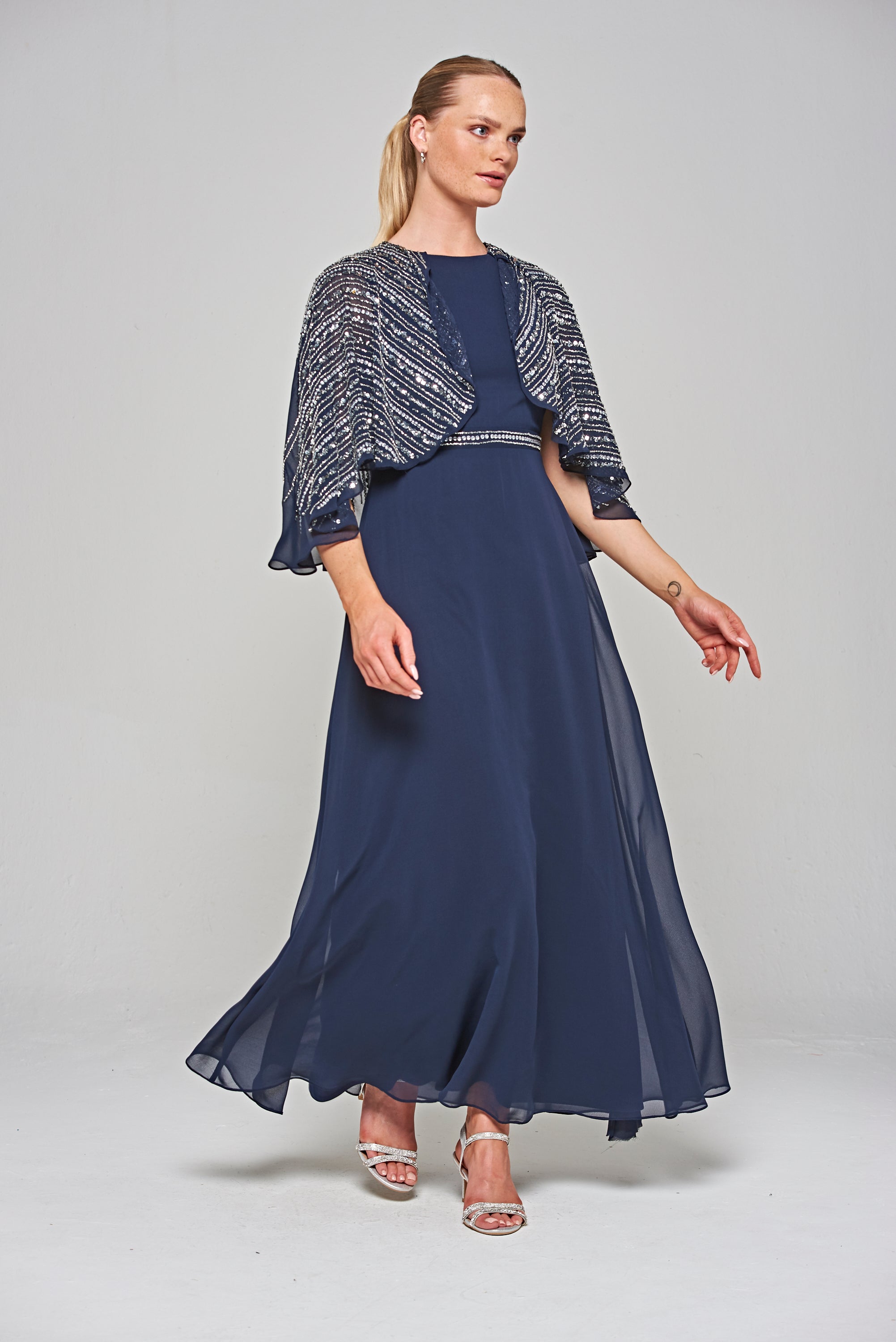 Jacqueline Embellished Cape Sleeve Maxi Dress - Navy