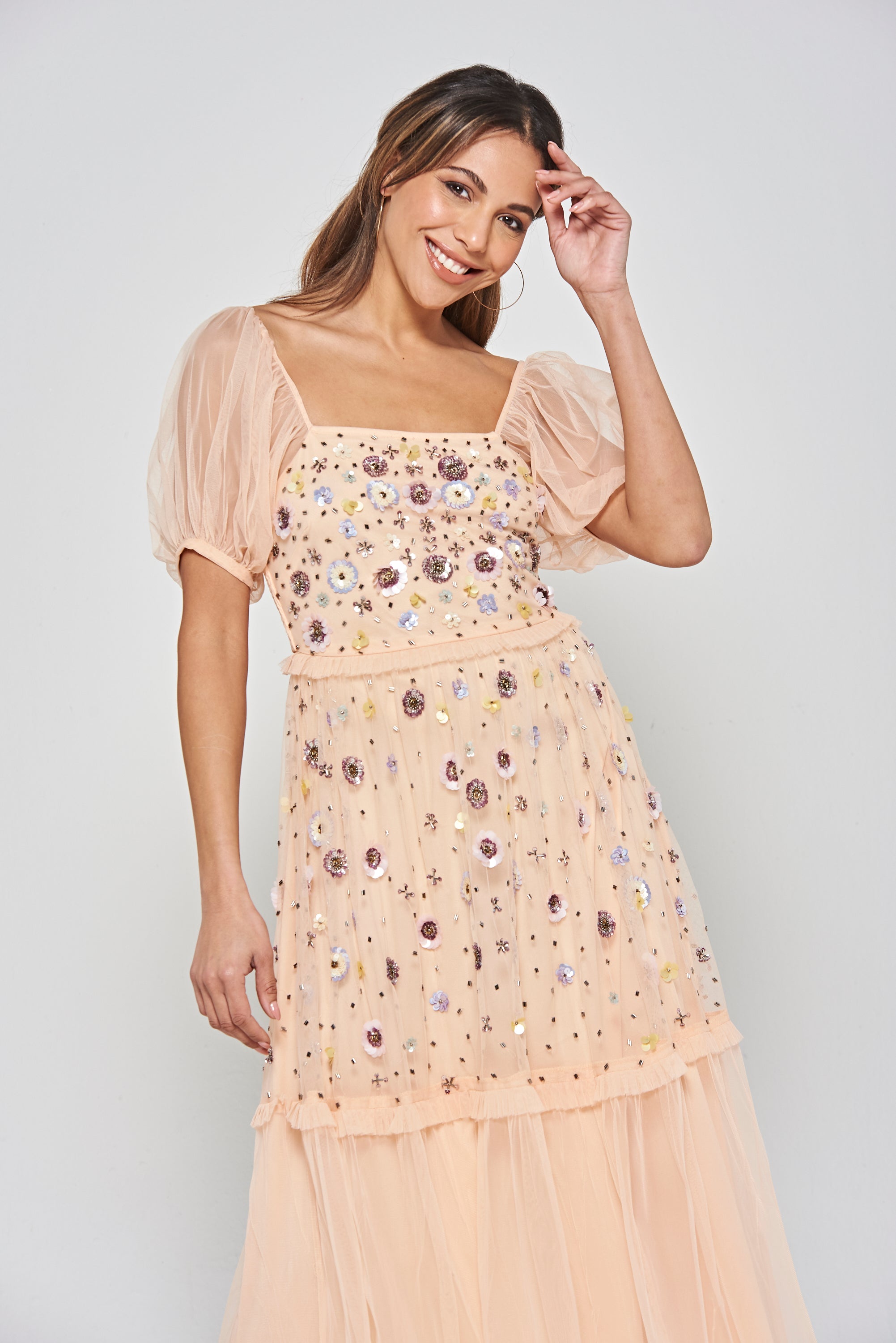 Jalin Floral Embellished Midi Dress in Almond