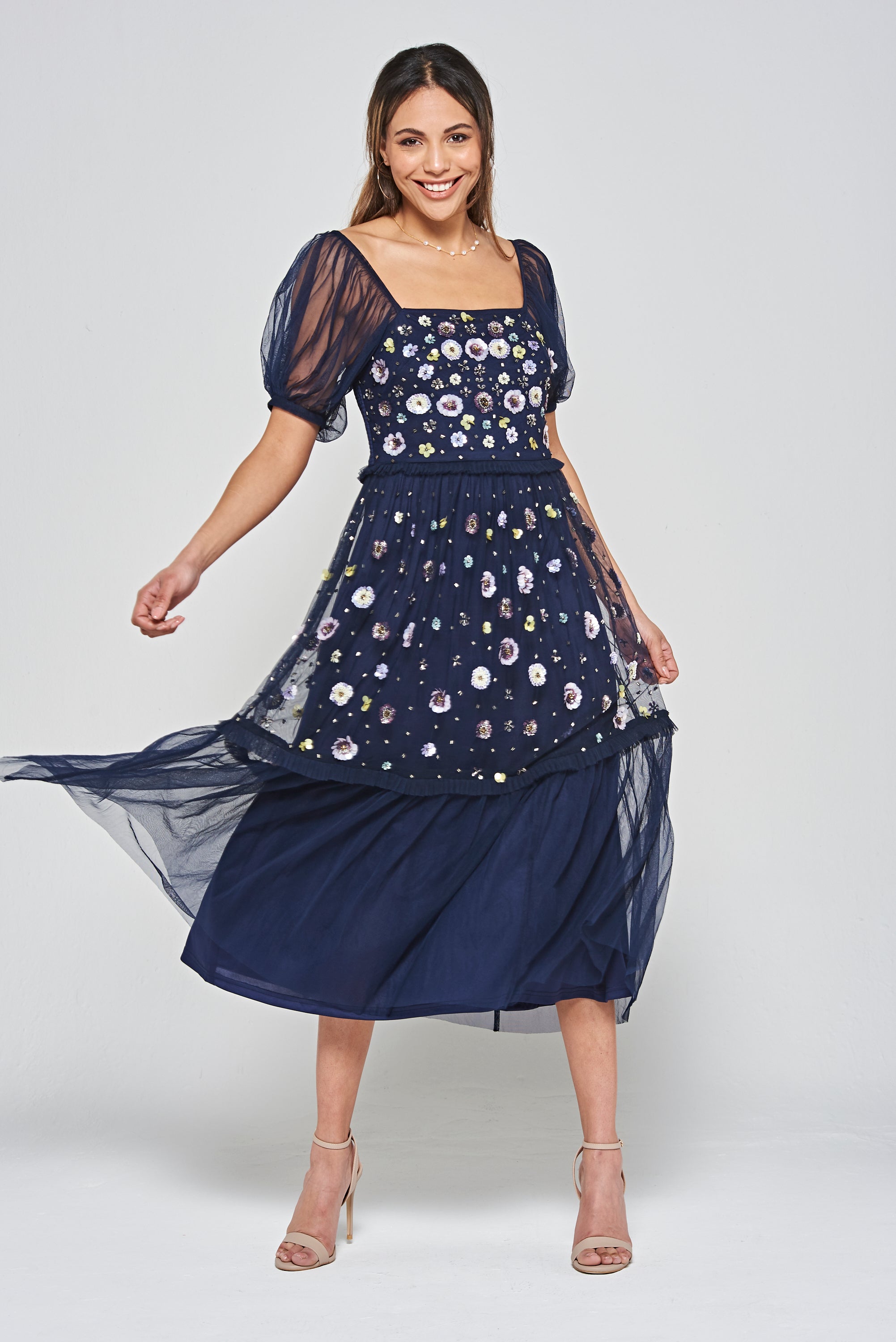 Jalin Floral Sequin Midi Dress - Navy