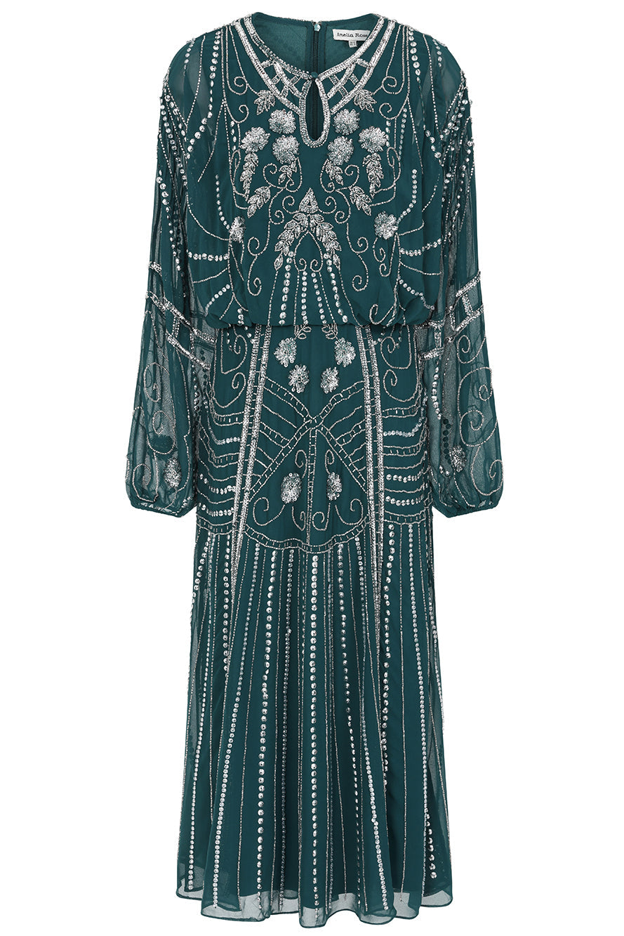 Jeannette Storm Green Embellished Midi Dress