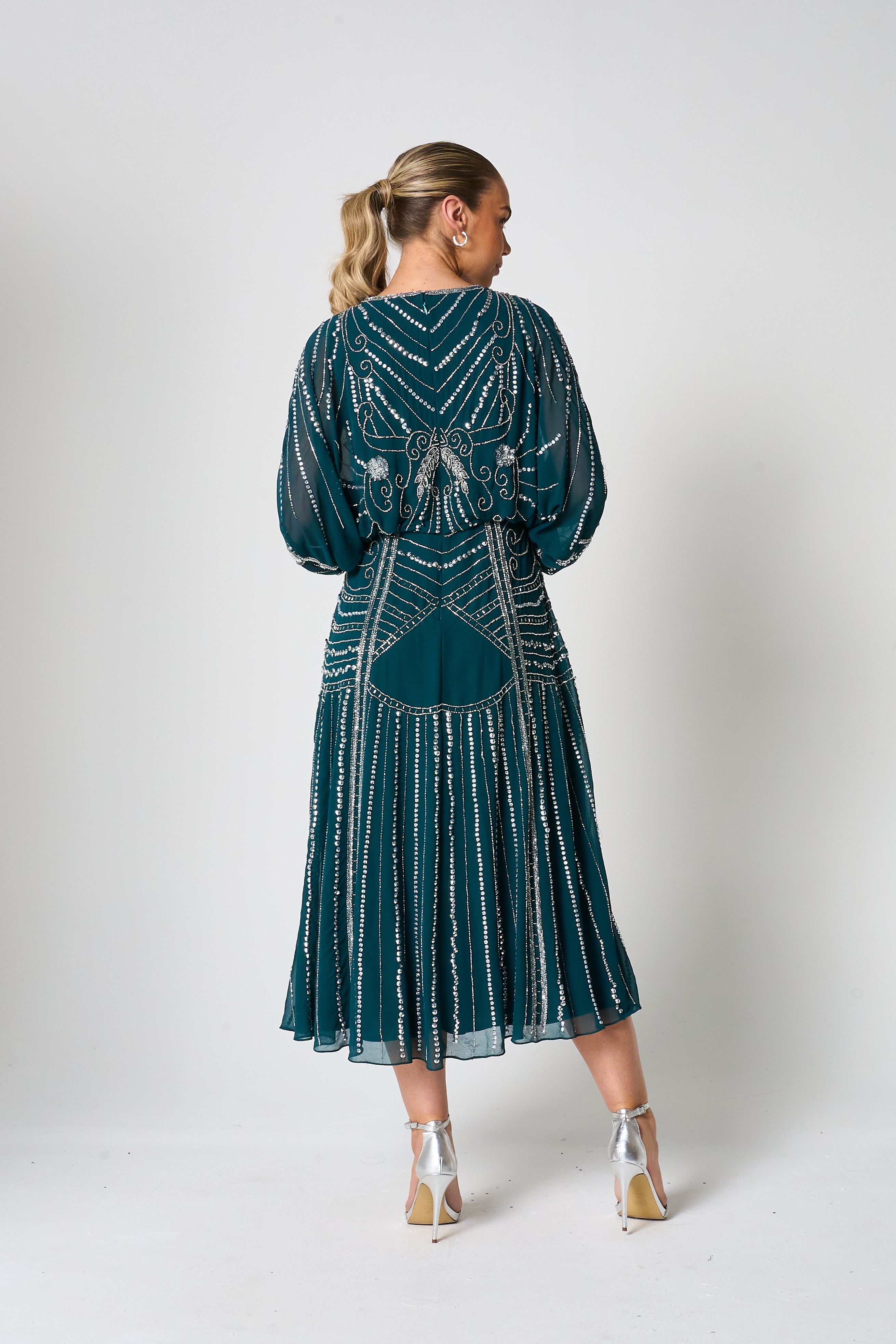 Jeannette Storm Green Embellished Midi Dress