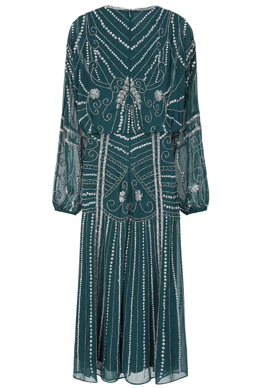 Jeannette Storm Green Embellished Midi Dress