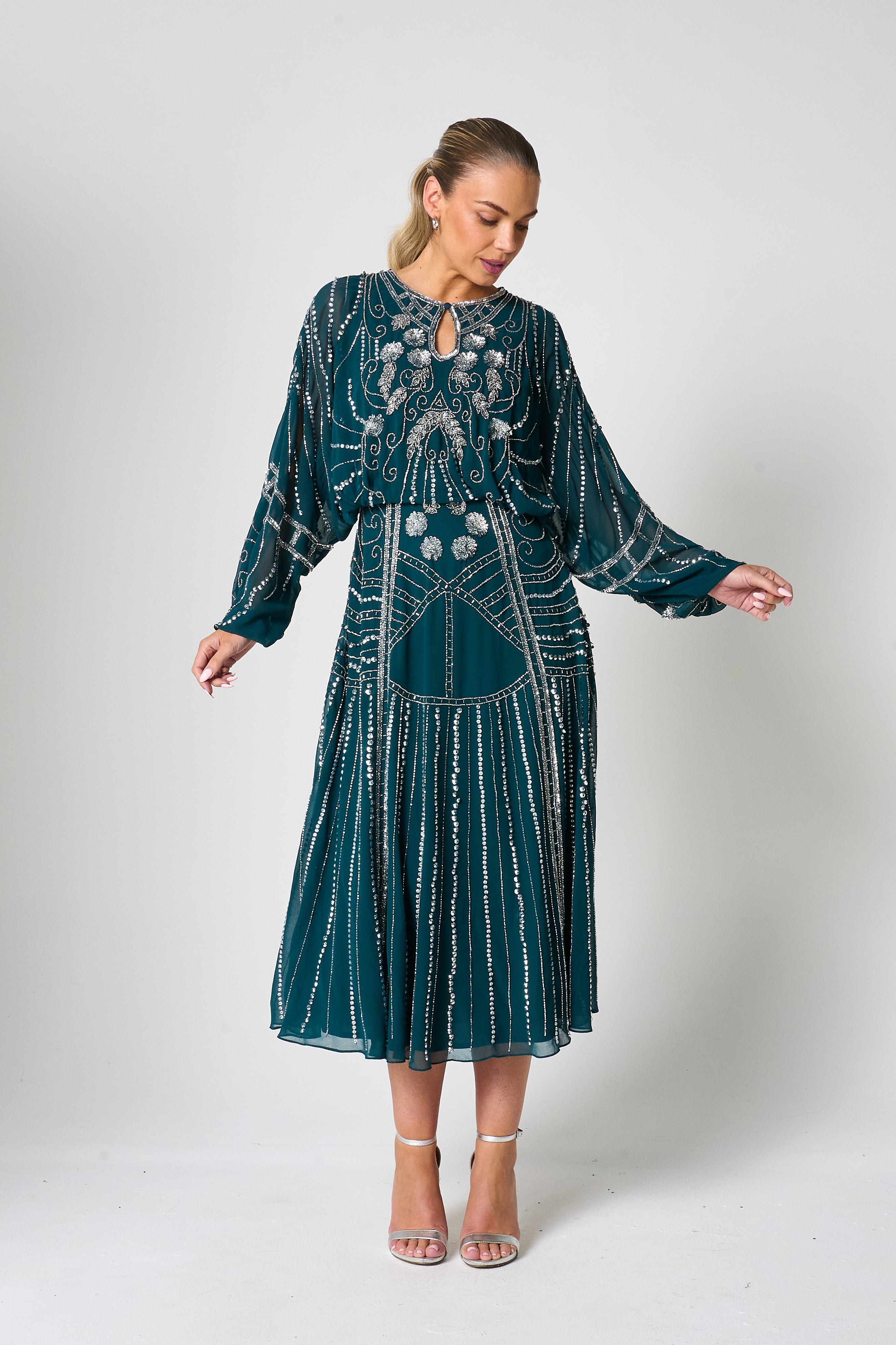 Jeannette Storm Green Embellished Midi Dress