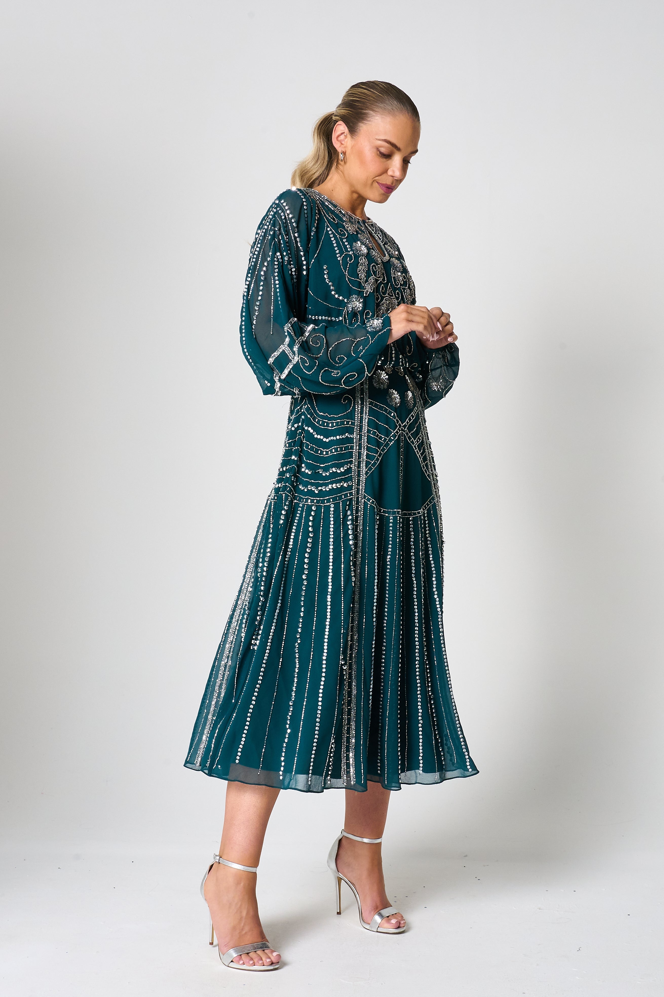 Jeannette Storm Green Embellished Midi Dress