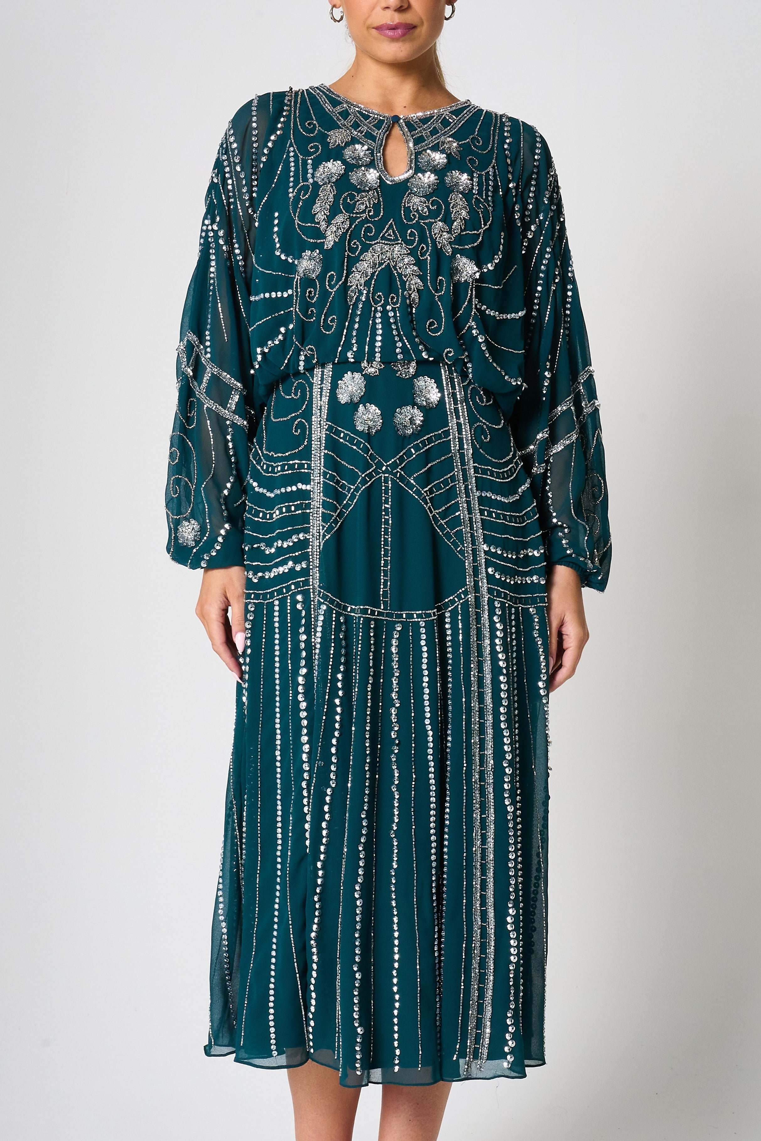 Jeannette Storm Green Embellished Midi Dress