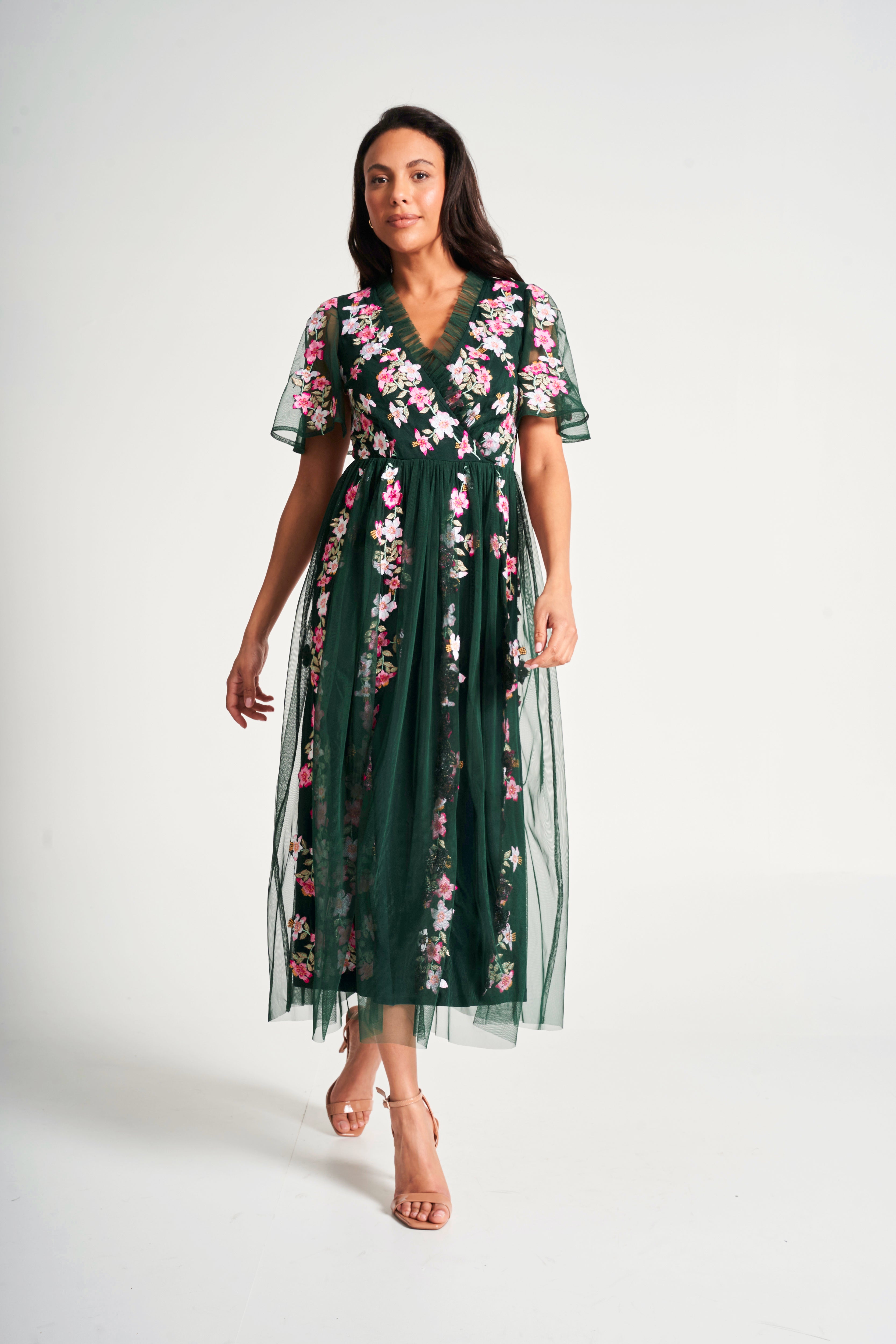 Jelena Green Floral Embroidered Midi Dress