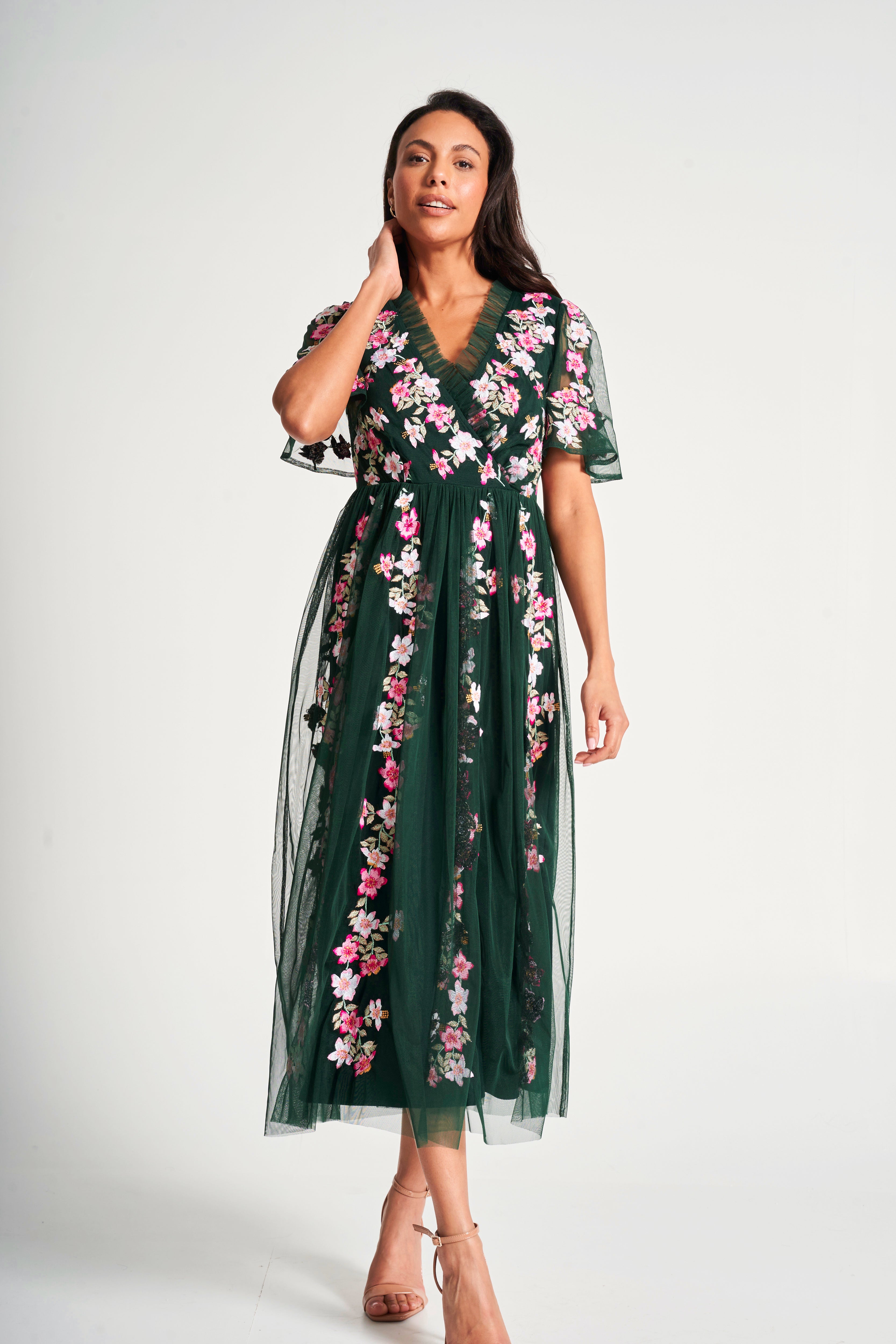 Jelena Green Floral Embroidered Midi Dress