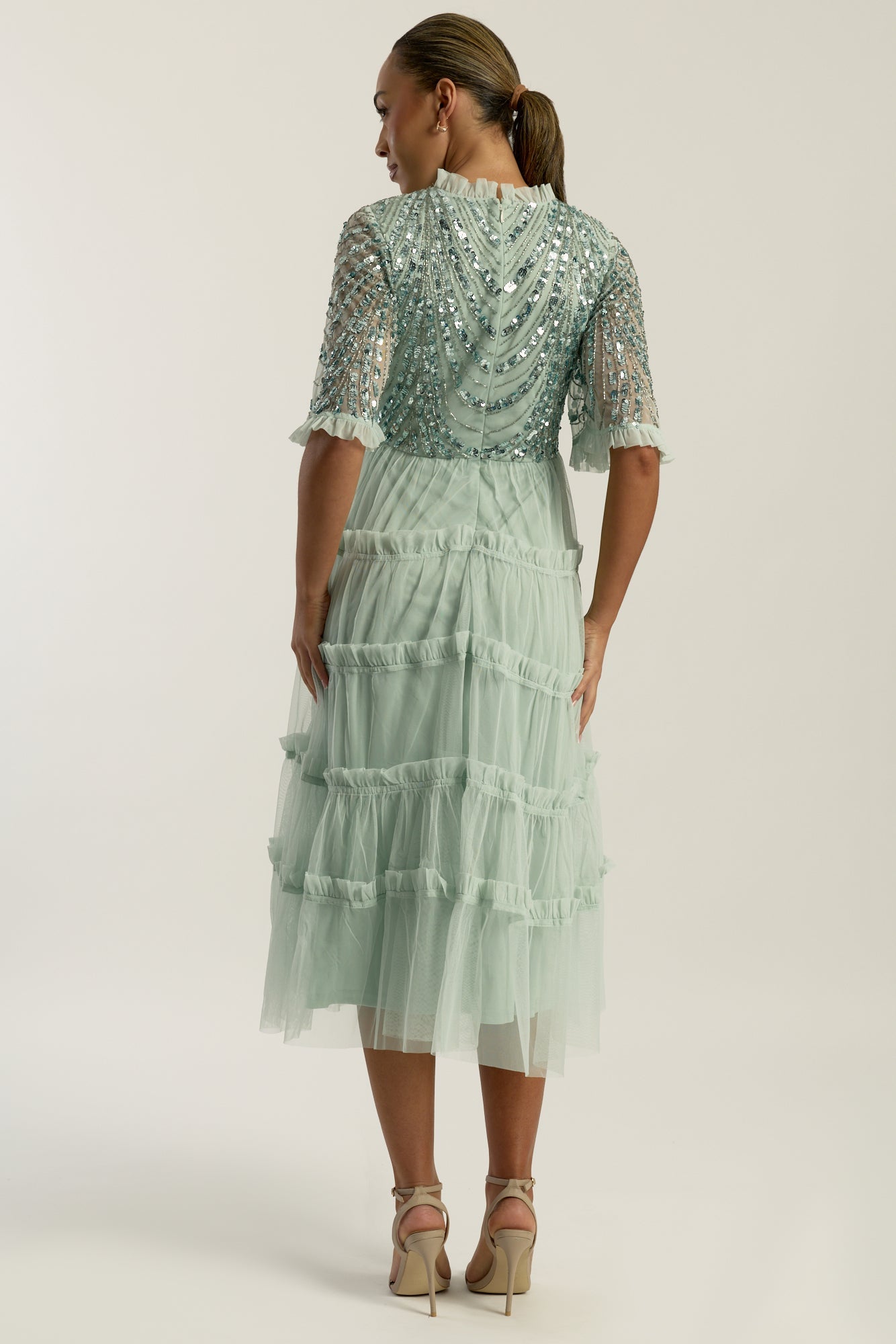 Joanna Aqua Green Embellished Midi Dress with tiered ruffle skirt and delicate bodice embellishments for weddings and special occasions