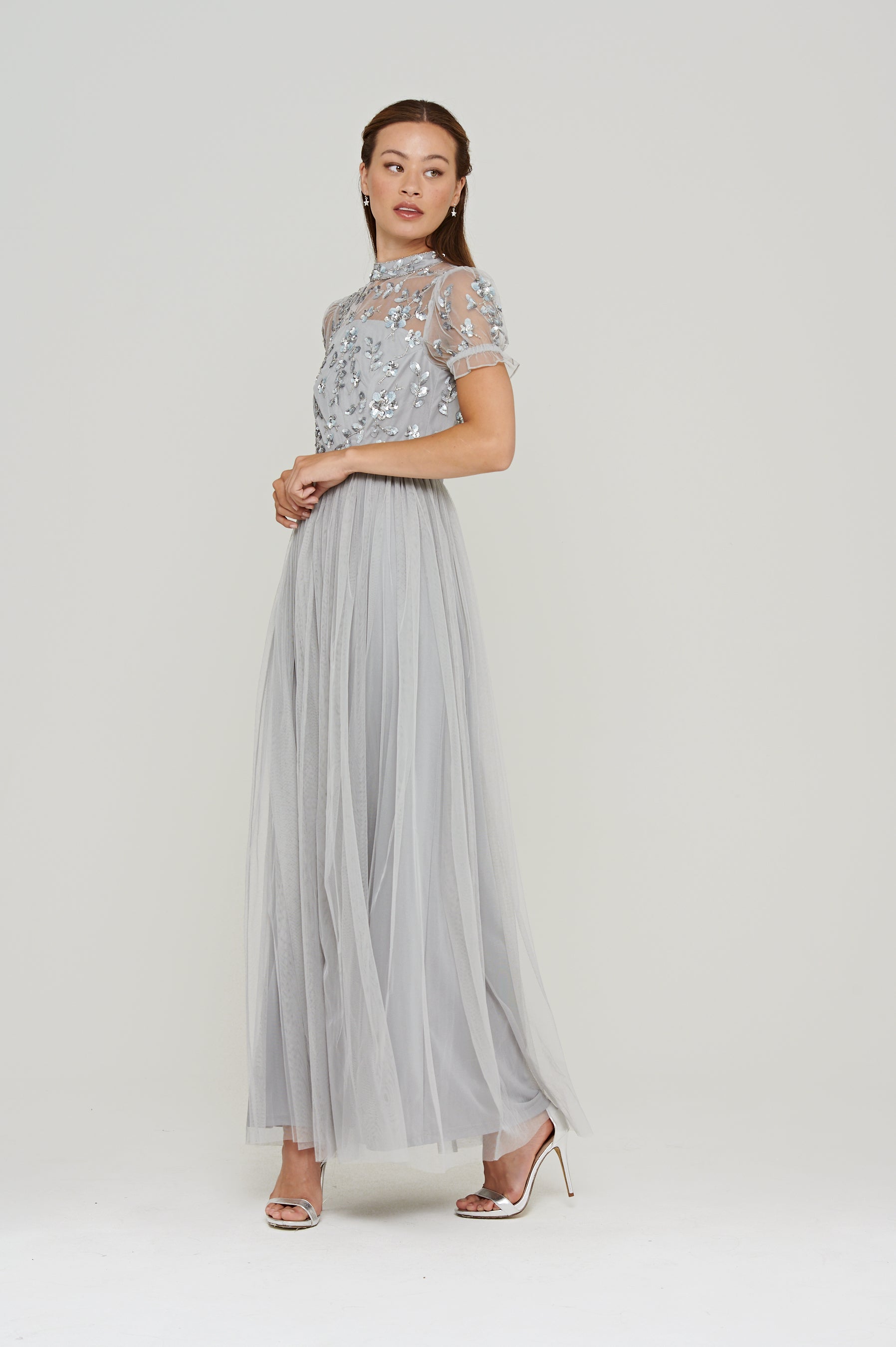 Joanne Vapor Grey Embellished Maxi Dress