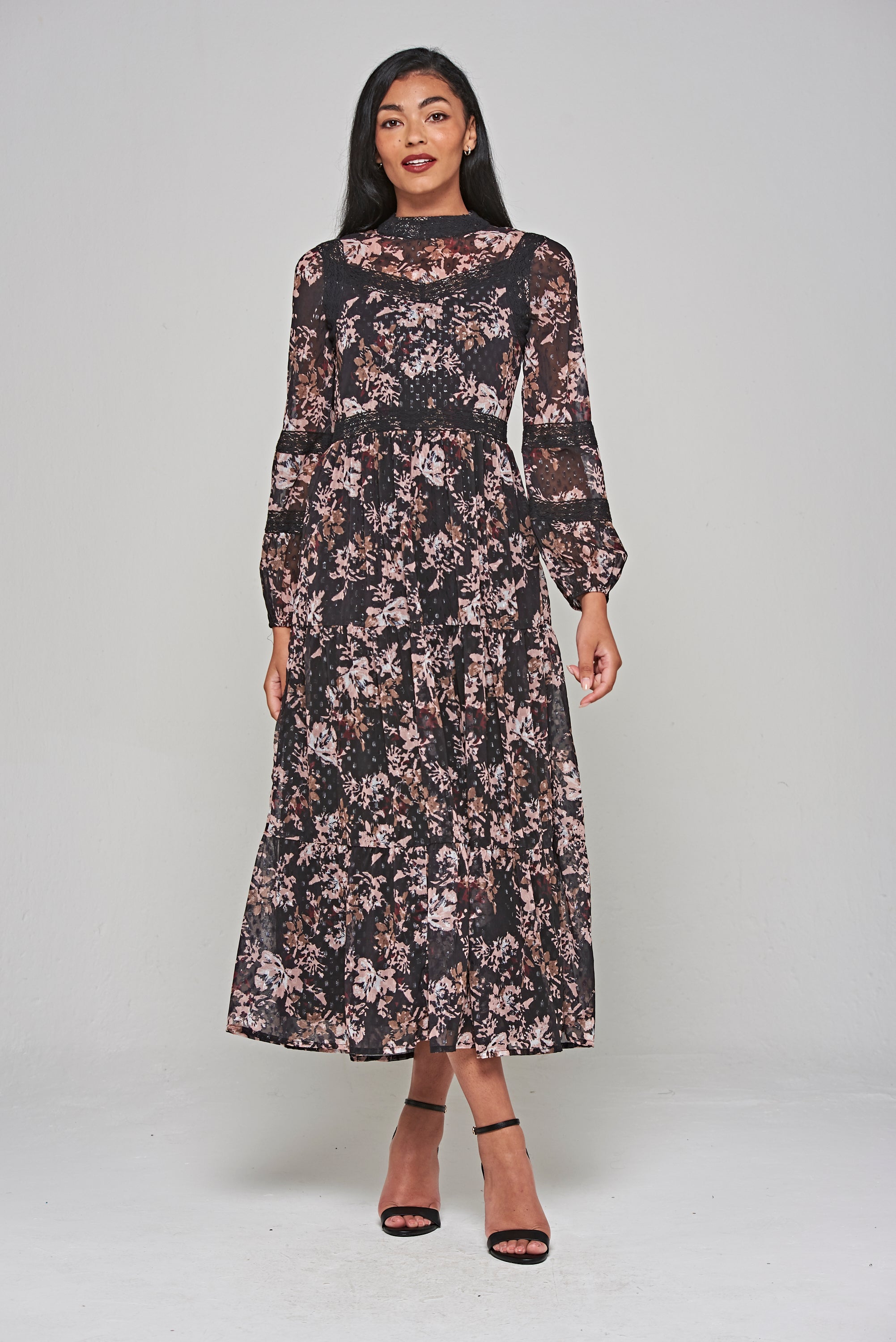 Jora Black Floral Print Maxi Dress