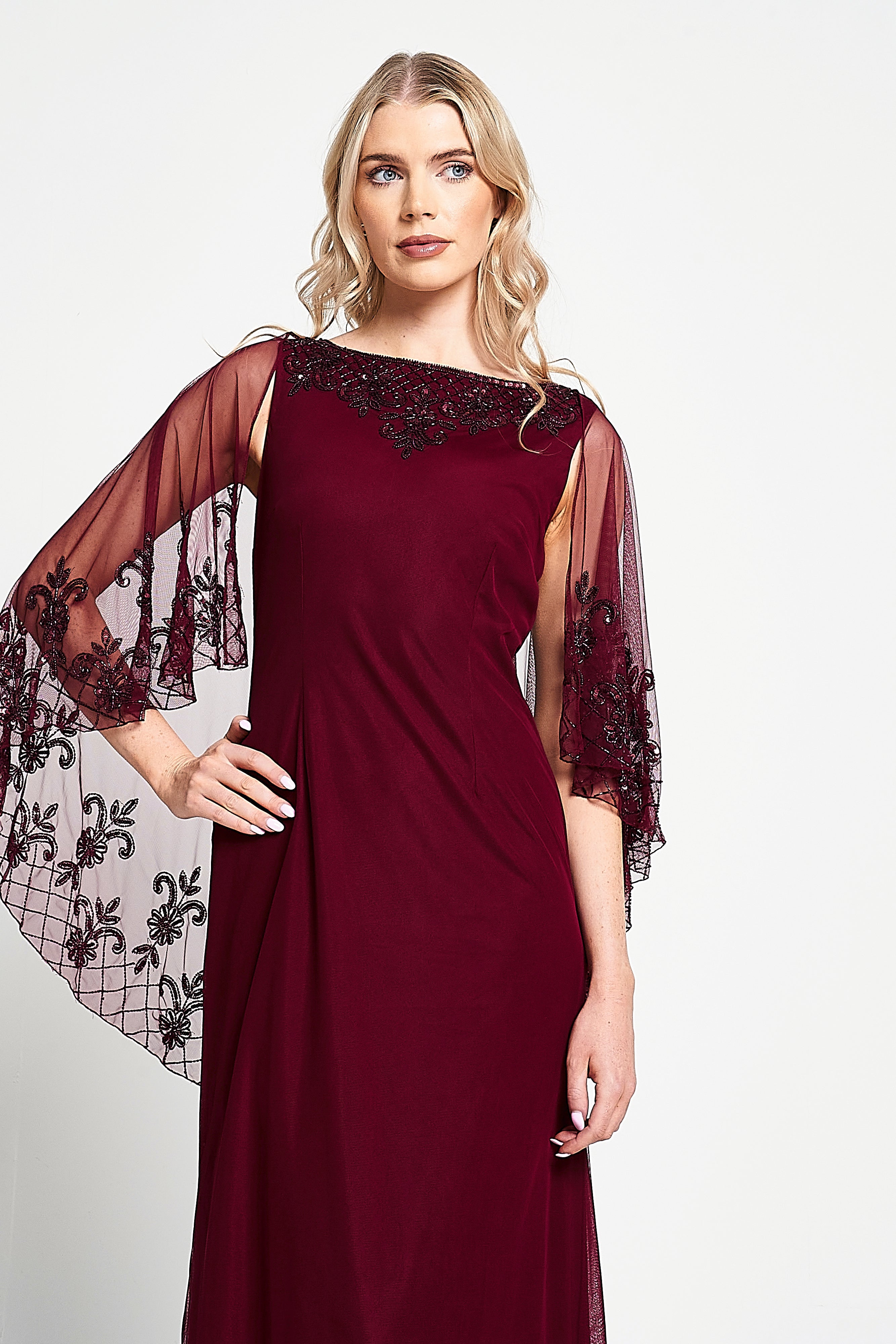 Jovena Burgundy Embellished Cape Sleeve Maxi Dress