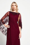 Jovena Burgundy Embellished Cape Sleeve Maxi Dress