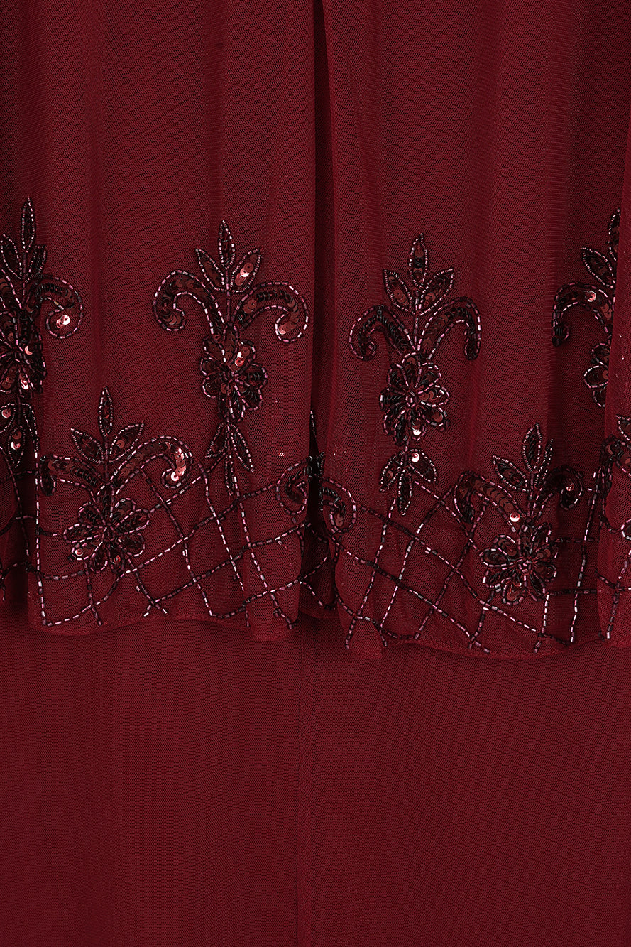 Jovena burgundy embellished cape sleeve maxi dress by Frock and Frill with tonal bead detailing and flowing silhouette designed for elegant occasion wear styling