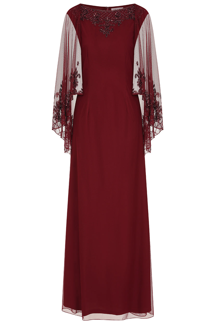 Jovena Burgundy Embellished Cape Sleeve Maxi Dress