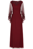 Jovena Burgundy Embellished Cape Sleeve Maxi Dress