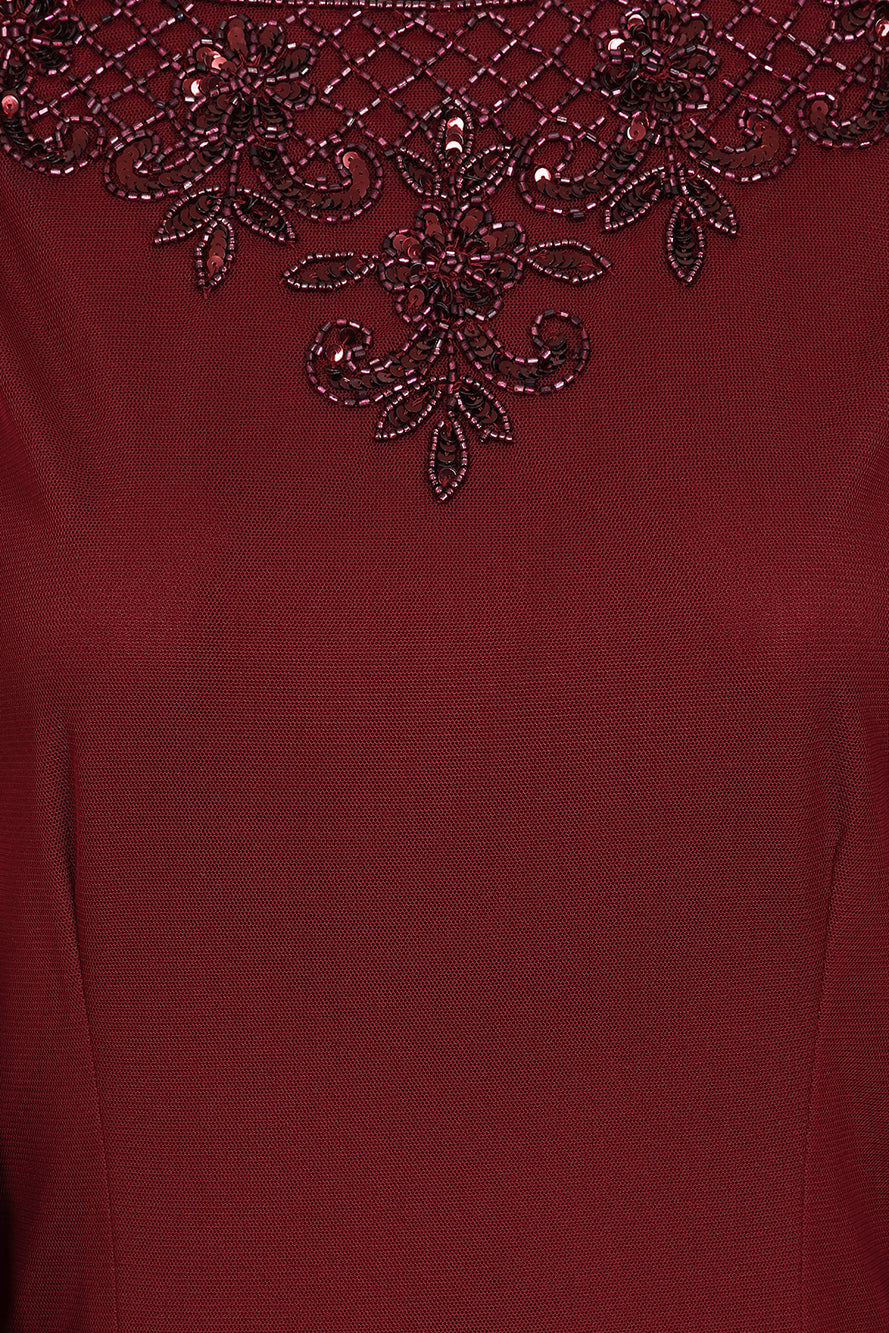 Jovena Burgundy Embellished Cape Sleeve Maxi Dress