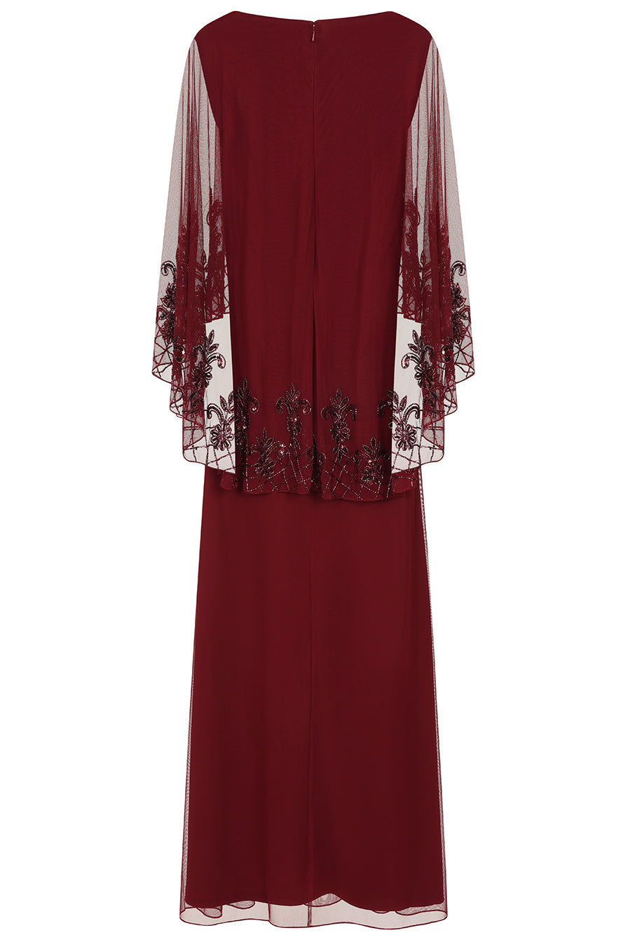 Jovena burgundy embellished cape sleeve maxi dress by Frock and Frill with tonal bead detailing and flowing silhouette designed for elegant occasion wear styling