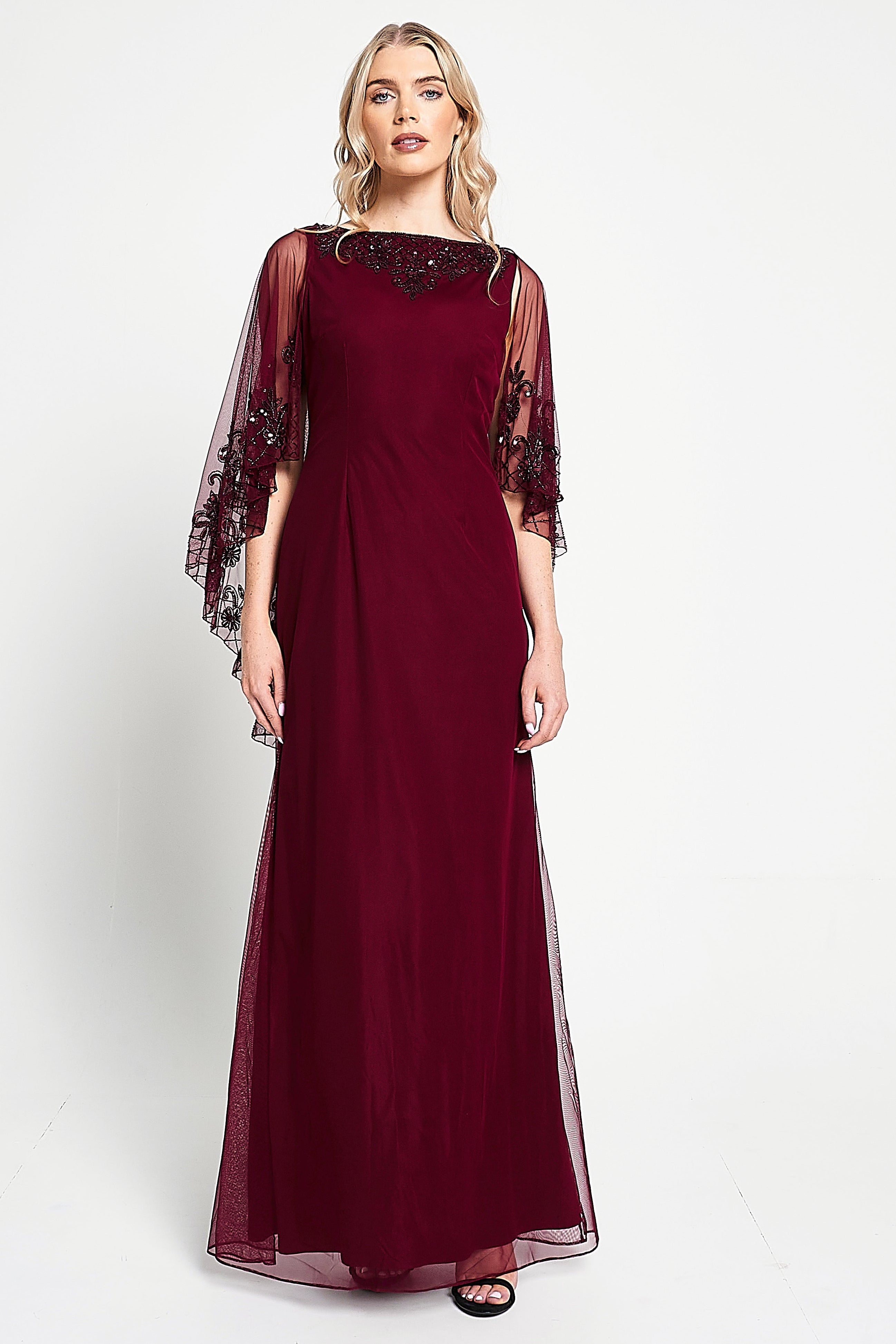 Jovena burgundy embellished cape sleeve maxi dress by Frock and Frill with tonal bead detailing and flowing silhouette designed for elegant occasion wear styling