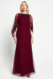 Jovena burgundy embellished cape sleeve maxi dress by Frock and Frill with tonal bead detailing and flowing silhouette designed for elegant occasion wear styling