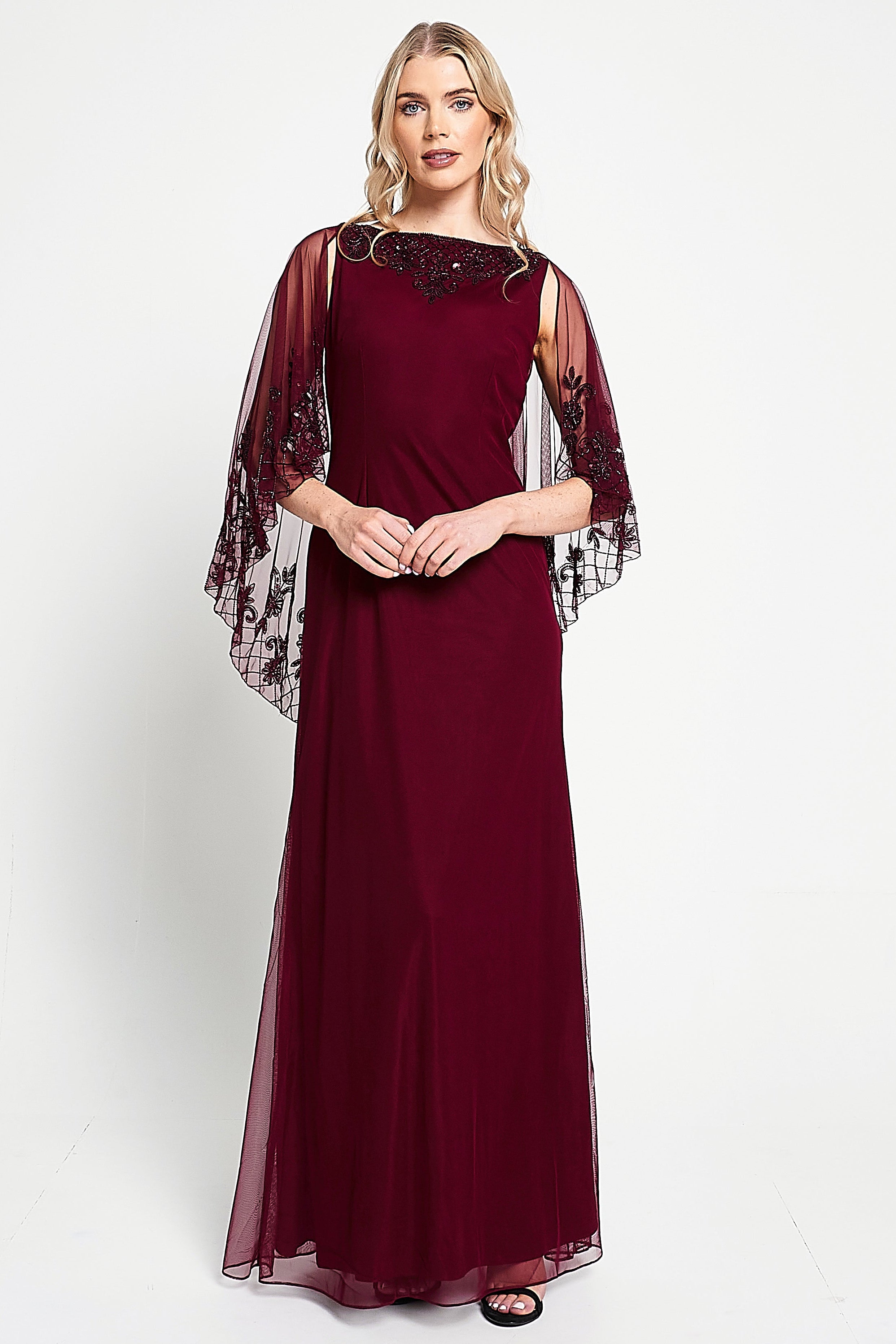Jovena burgundy embellished cape sleeve maxi dress by Frock and Frill with tonal bead detailing and flowing silhouette designed for elegant occasion wear styling