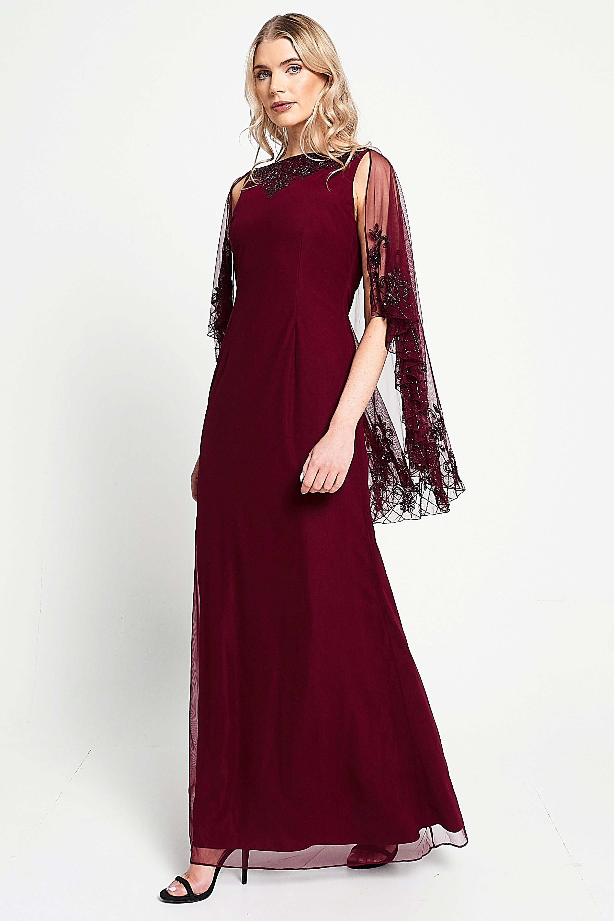 Jovena burgundy embellished cape sleeve maxi dress by Frock and Frill with tonal bead detailing and flowing silhouette designed for elegant occasion wear styling