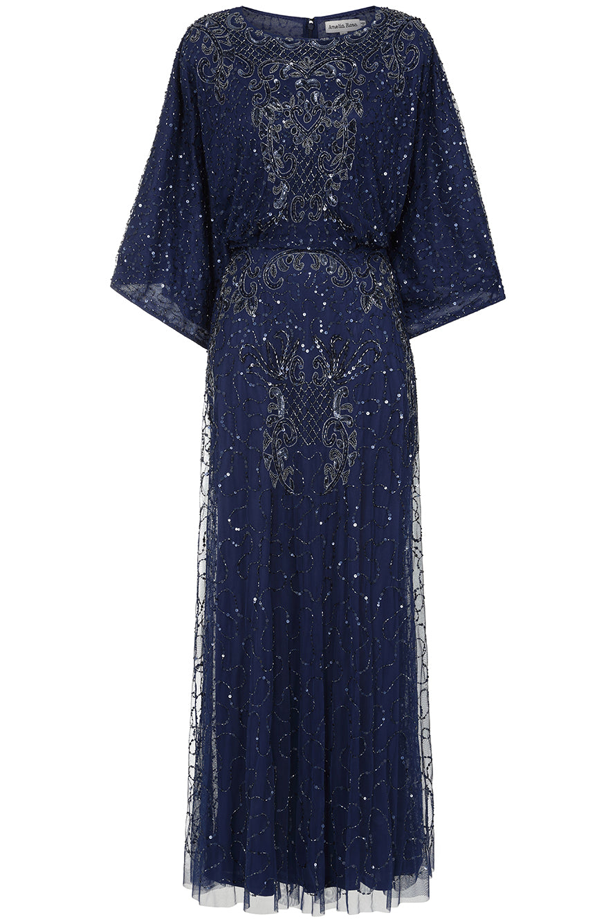 Judith Navy Embellished Maxi Dress with batwing sleeves, delicate beadwork, and flowing cape-style silhouette for weddings, evening events, and modest formal occasions