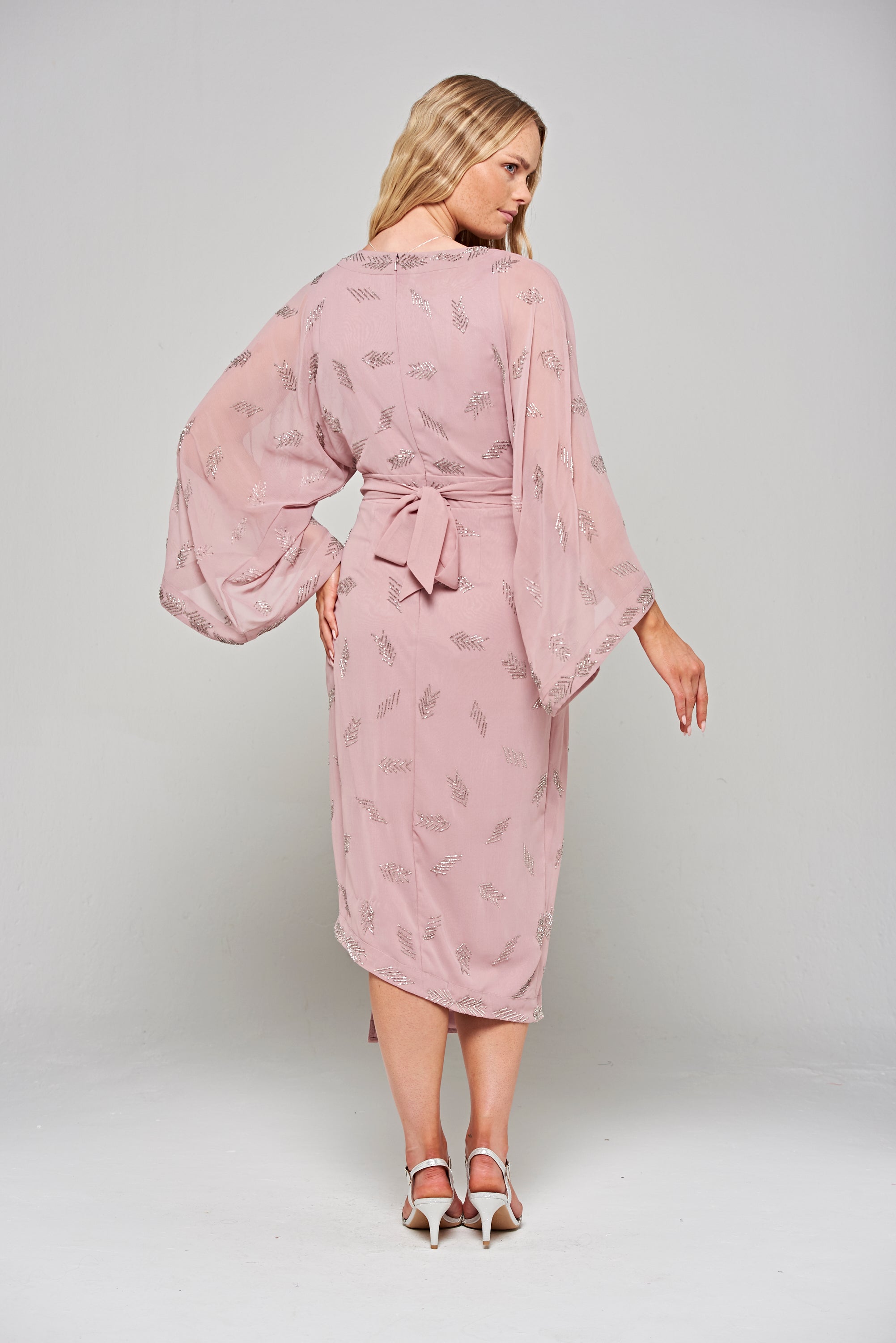 Julia Blush Embellished Midaxi Dress with Oversized Sleeves 