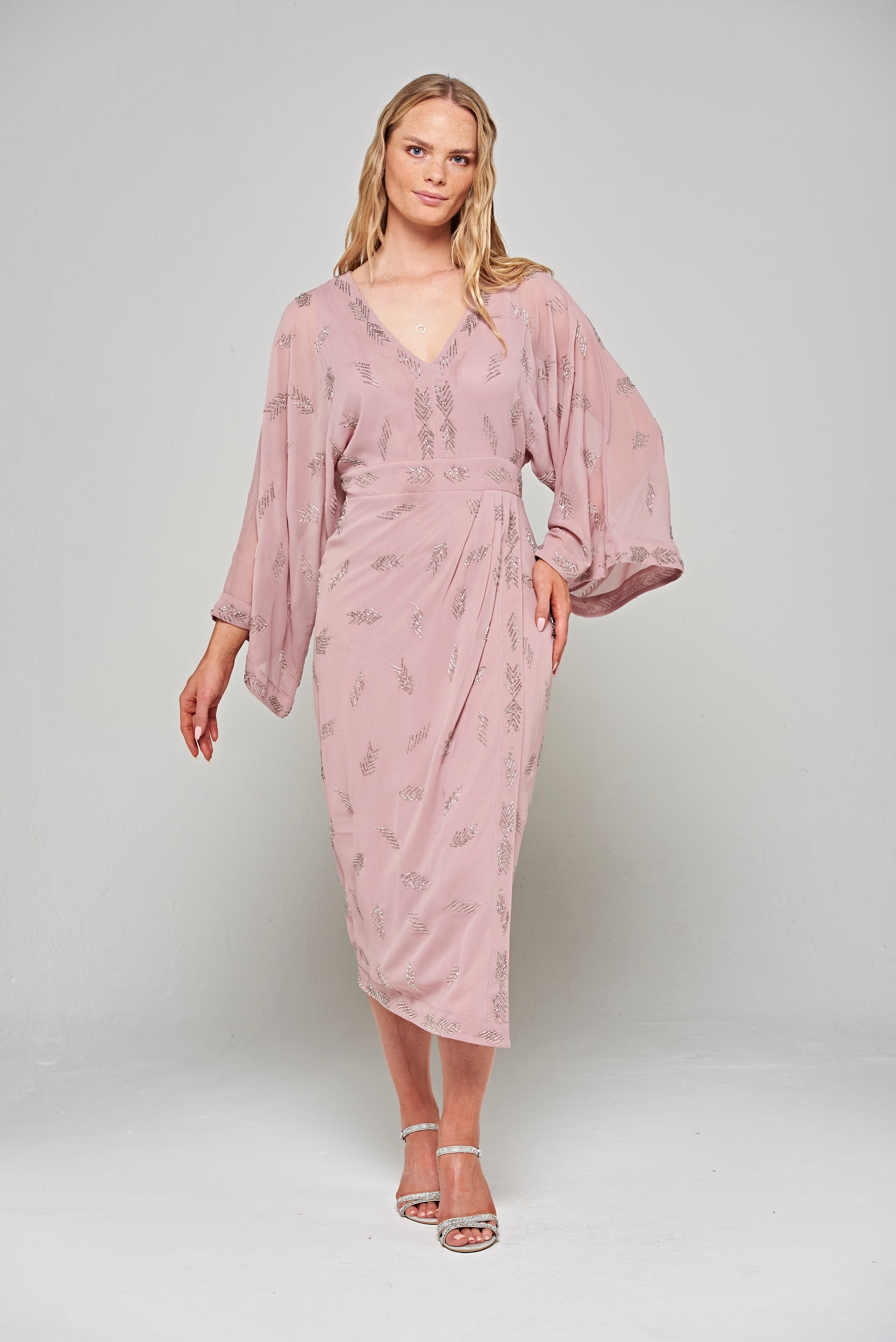 Julia Blush Embellished Midaxi Dress with Oversized Sleeves 