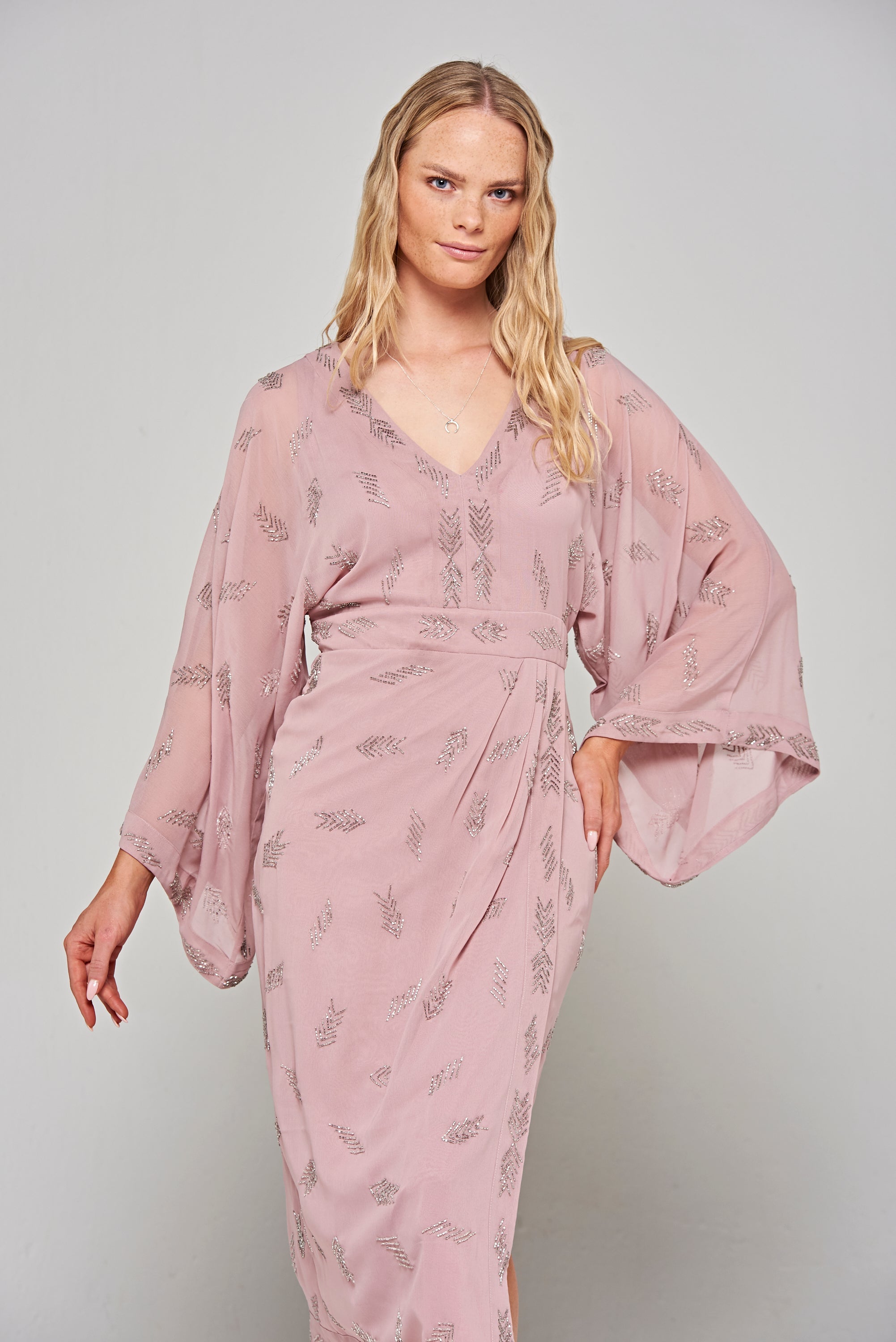 Julia Blush Embellished Midaxi Dress with Oversized Sleeves 