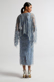 Juliana Blue Embellished Midi Dress With Cape Detail by Frock and Frill in cornflower blue with all-over beading and flowing cape overlay.