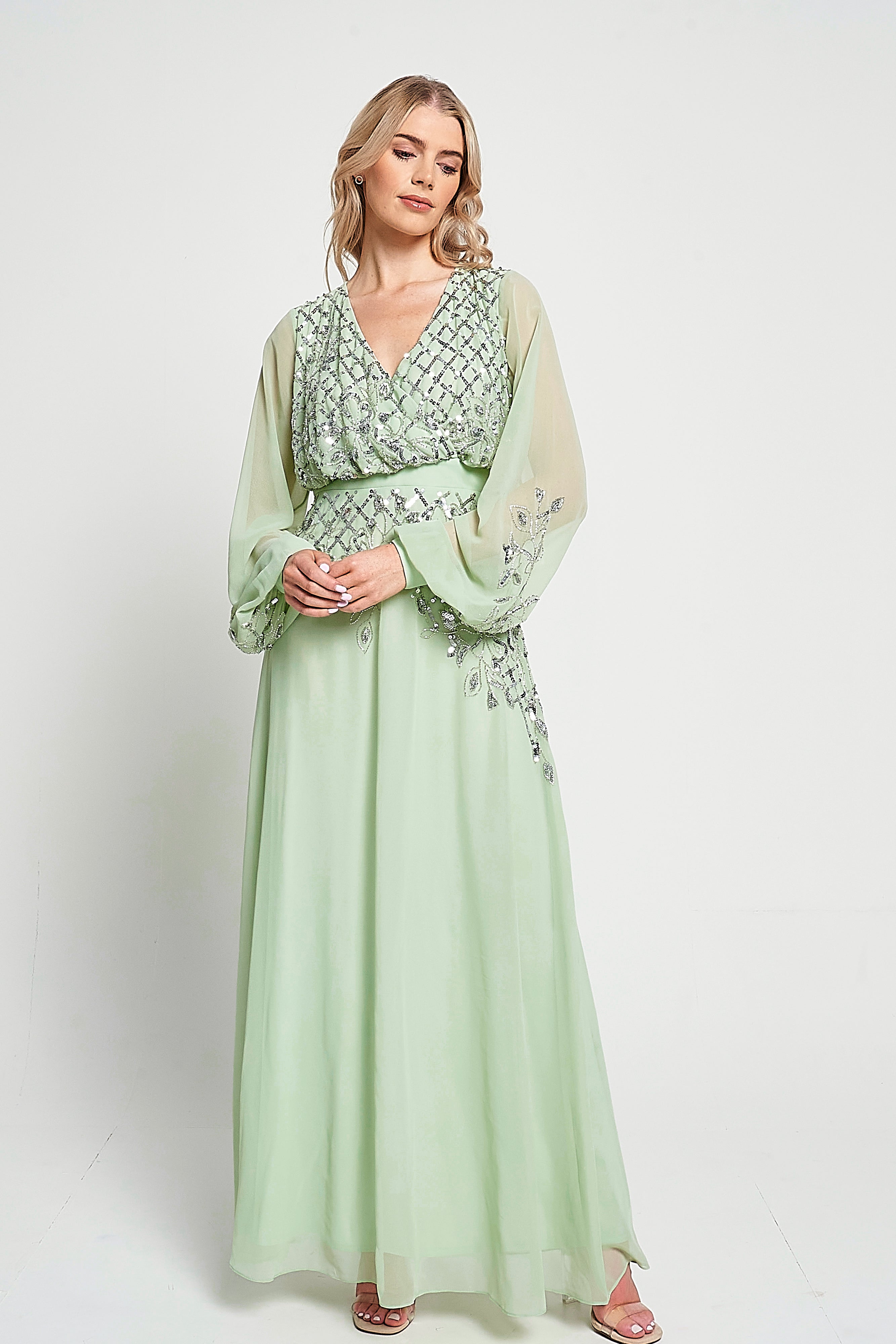 Kaira Pale Green Sequin Maxi Dress